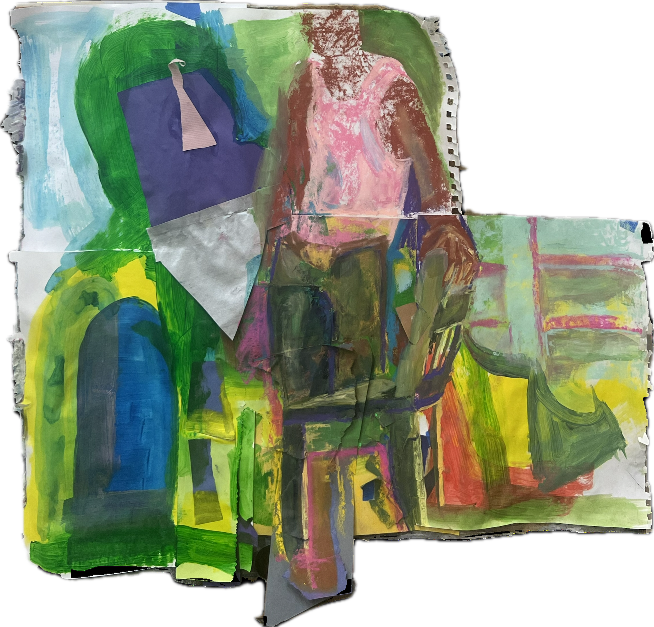 CHAIR GUY?, 2024 COLLAGED PAPER, ACRYLIC AND PASTEL 
