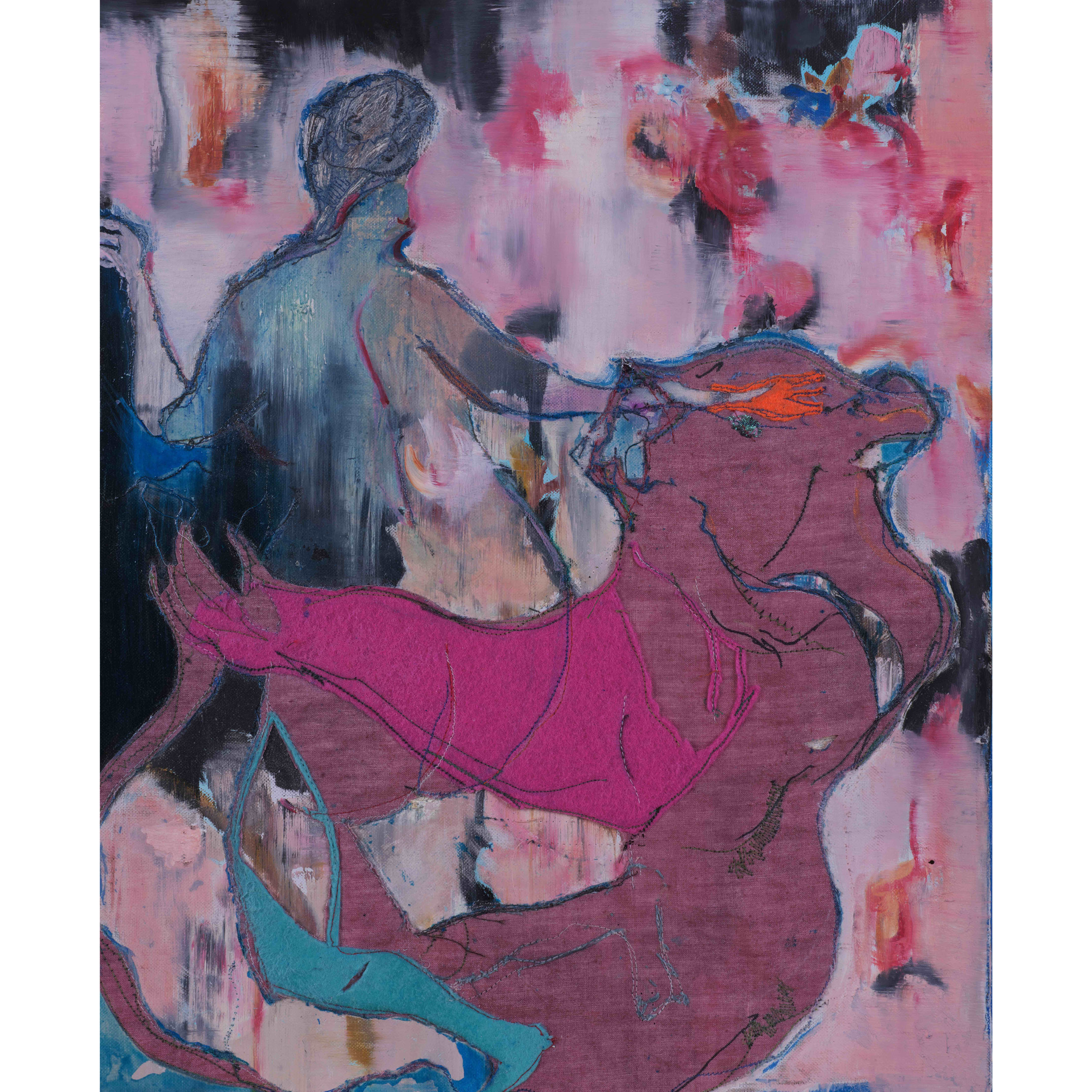The Cups Go Gaily Round2020oil paint, herbal-dyed linen, thread, gloss gel on canvas50×40cm