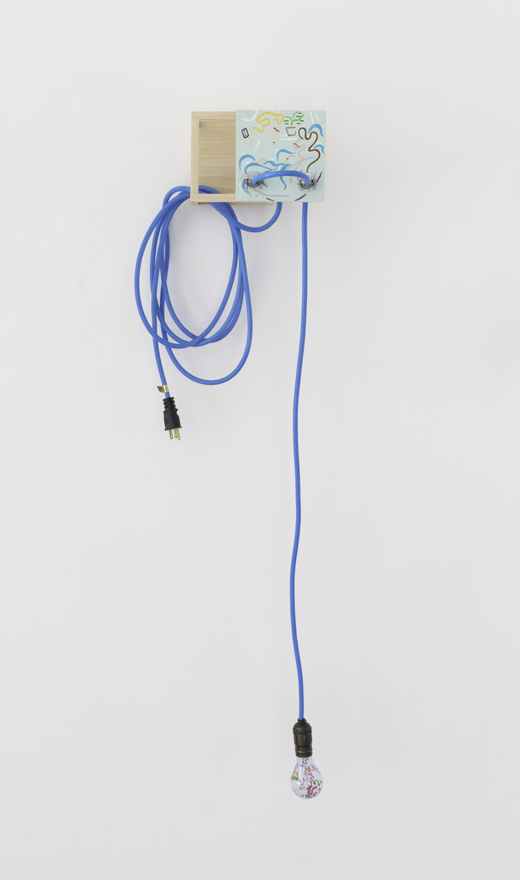 Trending Bathers, Trending Bathers 48” x 8.5” x 10” Pine, acrylic, gouache, electrical cord, light fixture, and junction box closures