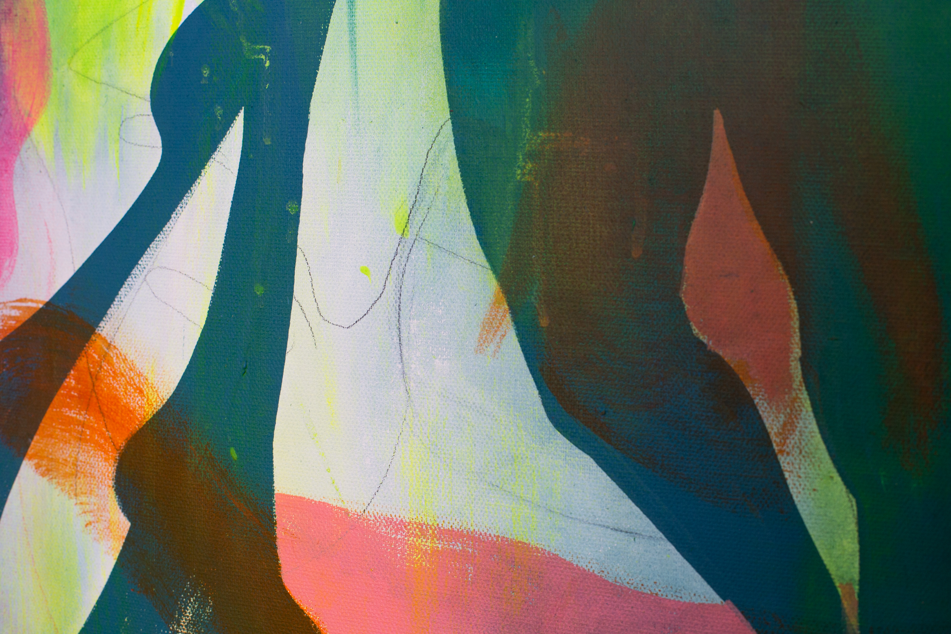Nadir Sourgi, Splasher(detail), Acrylic and flashe on linen, 18x24”, 2022, Presented in Metonym at Bas Fisher Invitational as part of Waterproof Miami, Photo by Monica McGivern. Close up detail of a figure’s dark green legs and long forms which flow from her hands, strokes of yellow, pink, and orange are visible in the background alongside graphite lines.