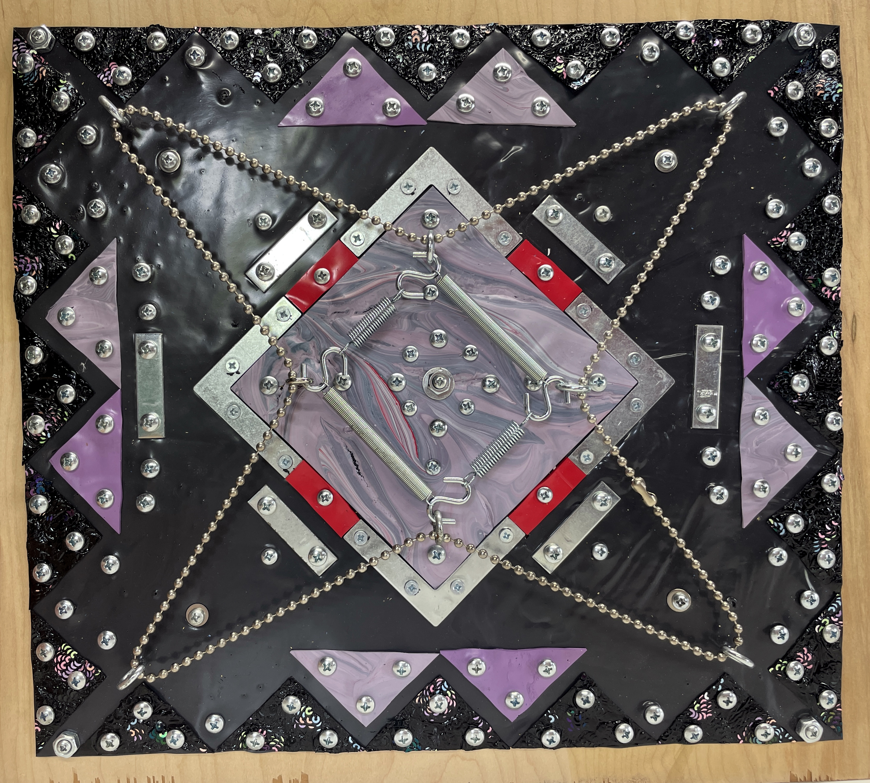 Lewis’s star, 2022, Latex paint, sequins, ball chain, screws, eye hooks, L plates, plywood 15.25” x 17”