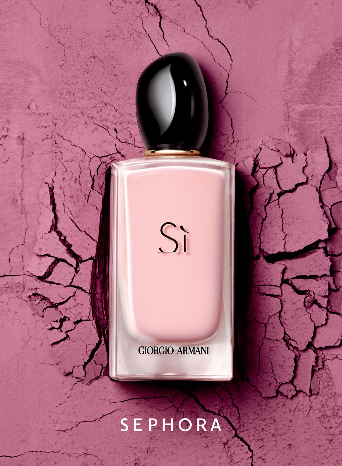 KMA stylist Sara Wacksman designs set for photo of Armani perfume bottle under crushed pink powder for Sephora