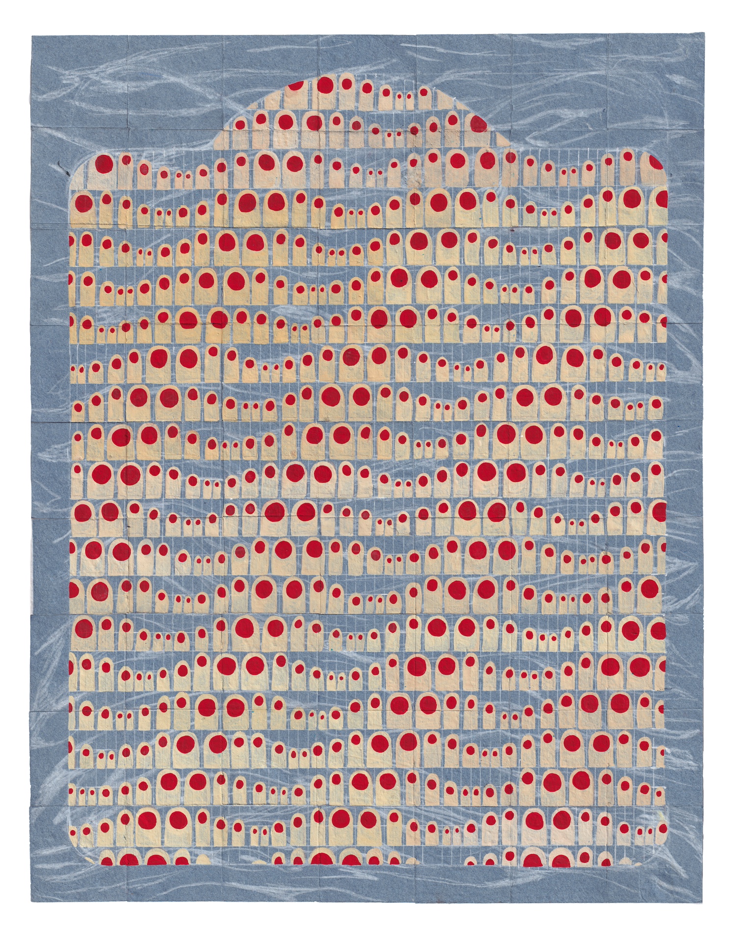 taking the dogs out, 2024, gouache and pencil on denim paper, 43 x 53 cm