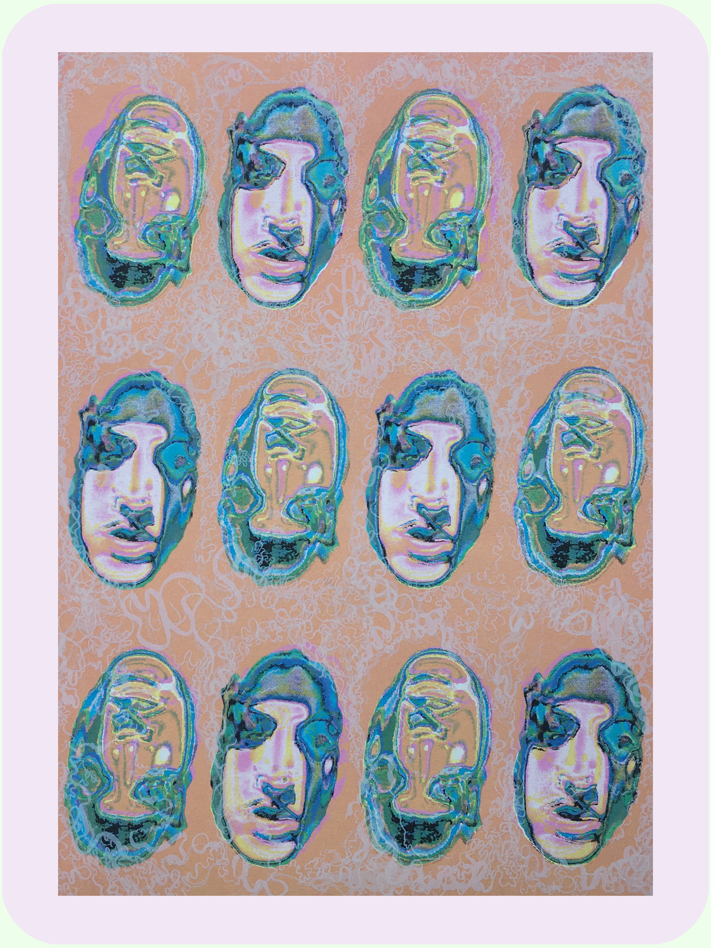 Daughters of Bilitis  (39.7 x 55.9cm)  [CMYK silkscreen print, crayon & zig opaque pen mark resist on paper]