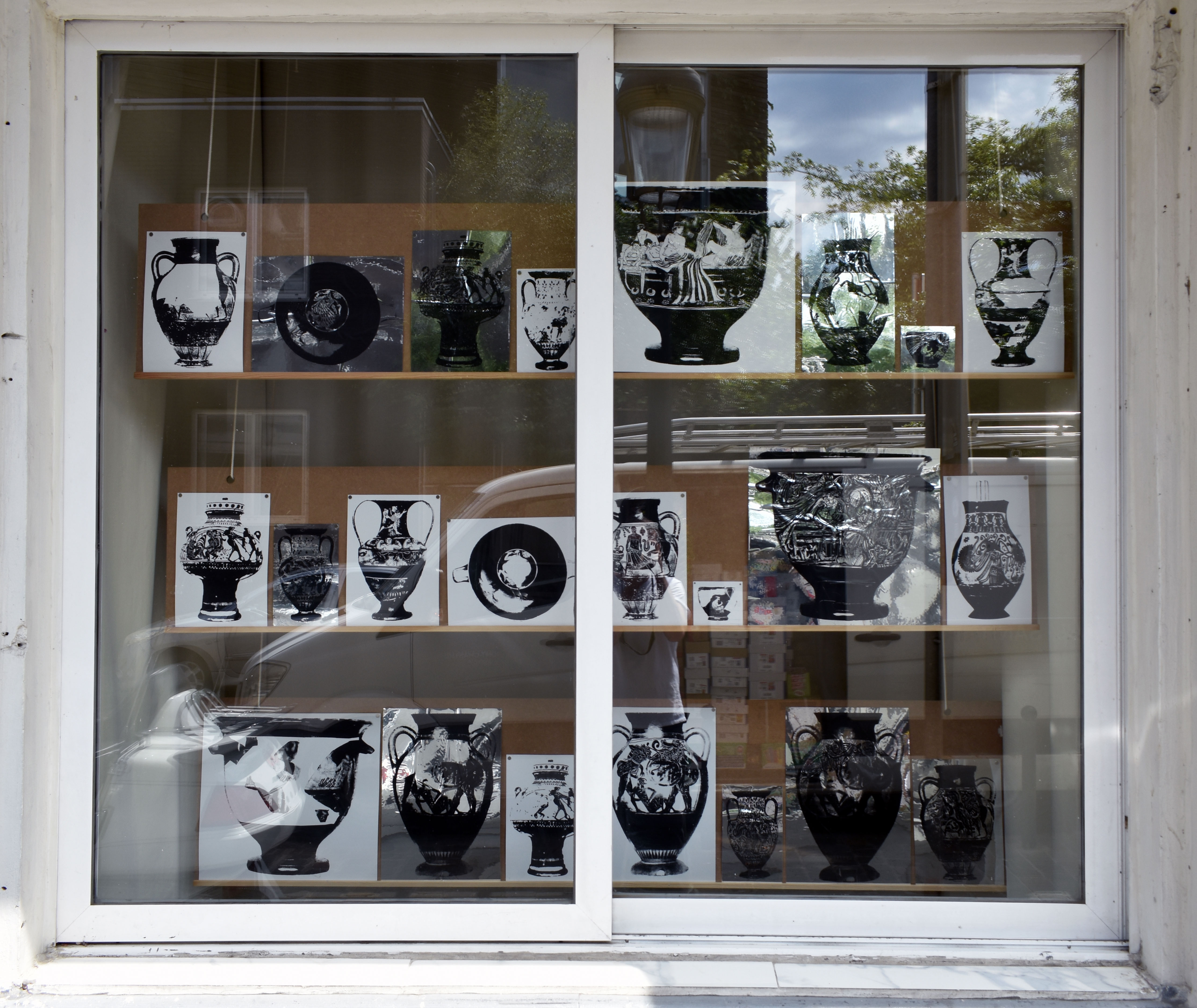 Installation of vase silkscreen prints. All are silkscreen on paper or double aluminized polyester film, some with acrylic drawing. See individual works below.