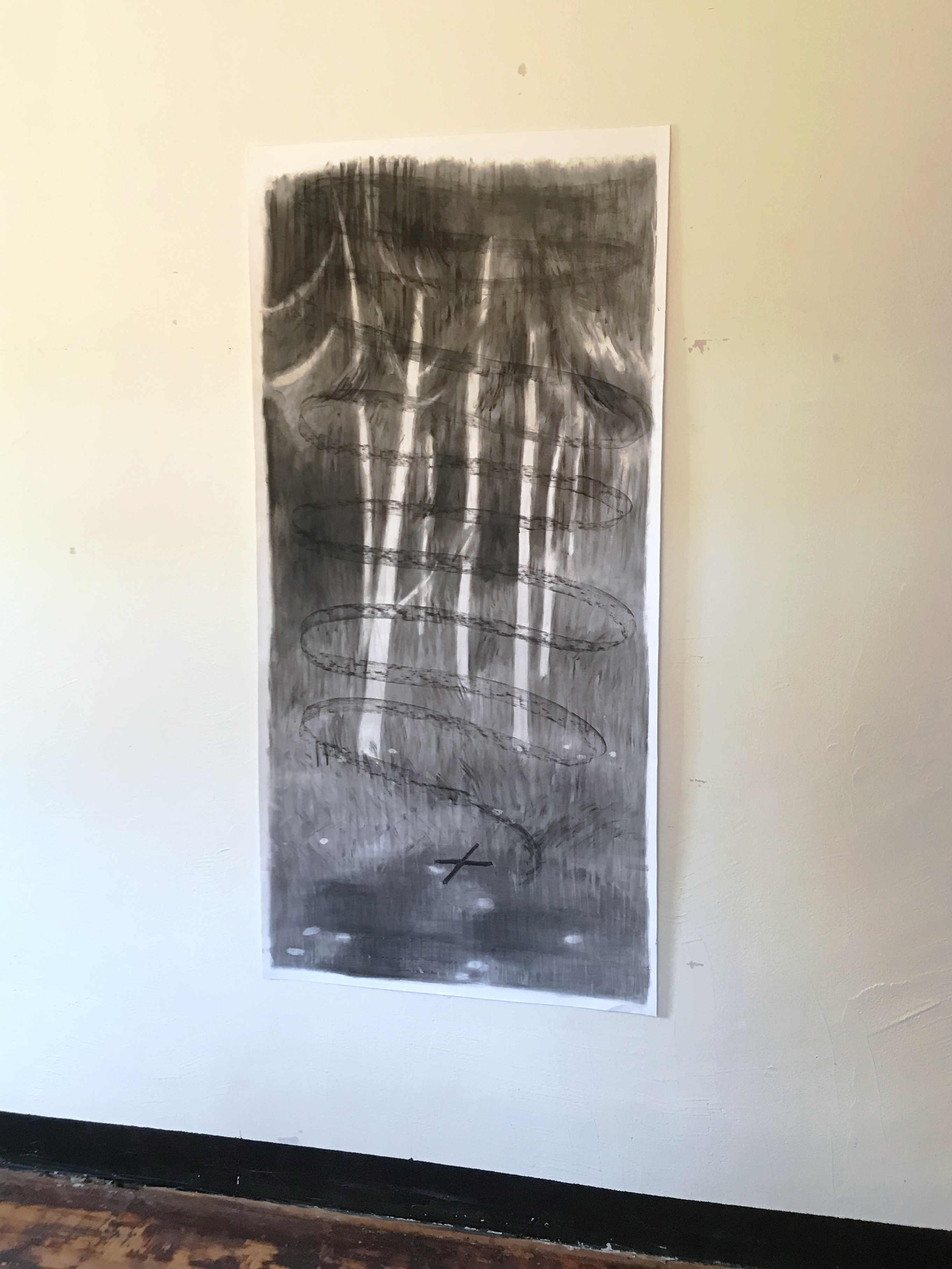”Coordinate reset”, 2023, charcoal on paper, 143x68cm