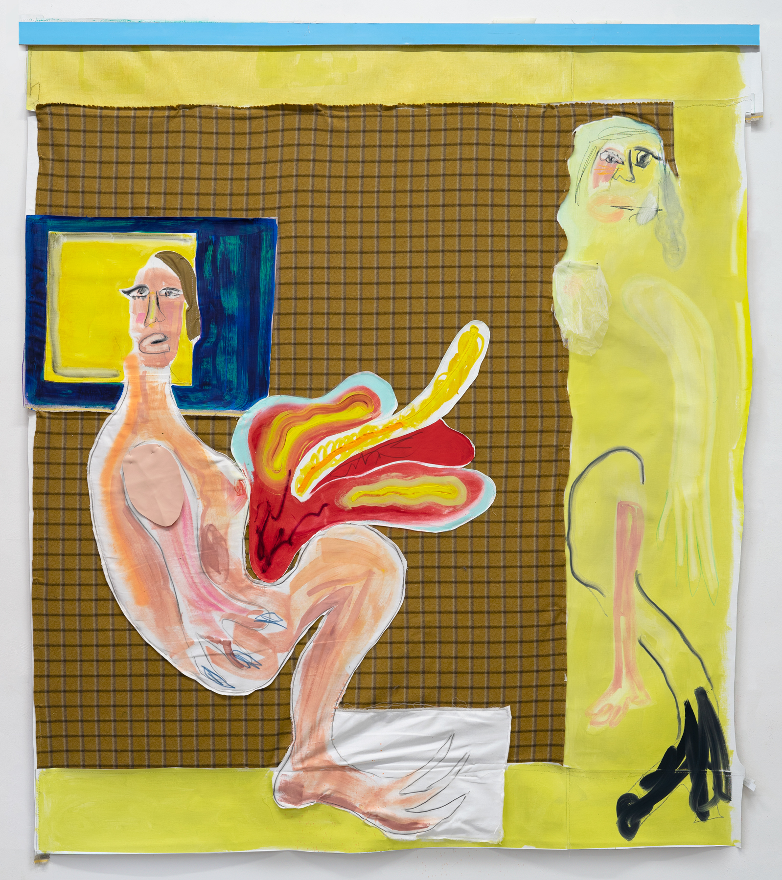 Checking Out the Streets, 2022Oil, formica, preprimed linen and various fabrics sewed collage200 x 175 cm