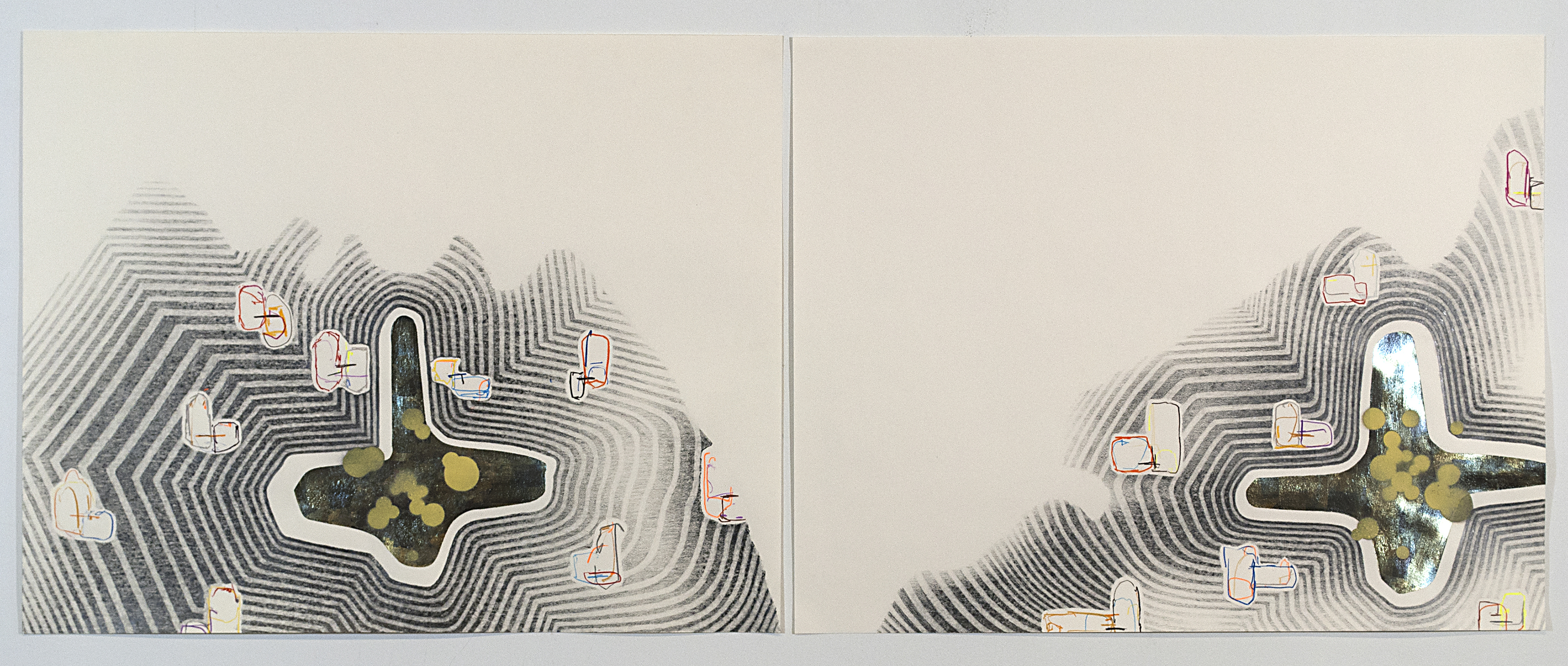 versions of witness  Graphite, colored pencil, variegated leaf and aerosol on paper.  2013 - Two sheets - 19 x 24 each.