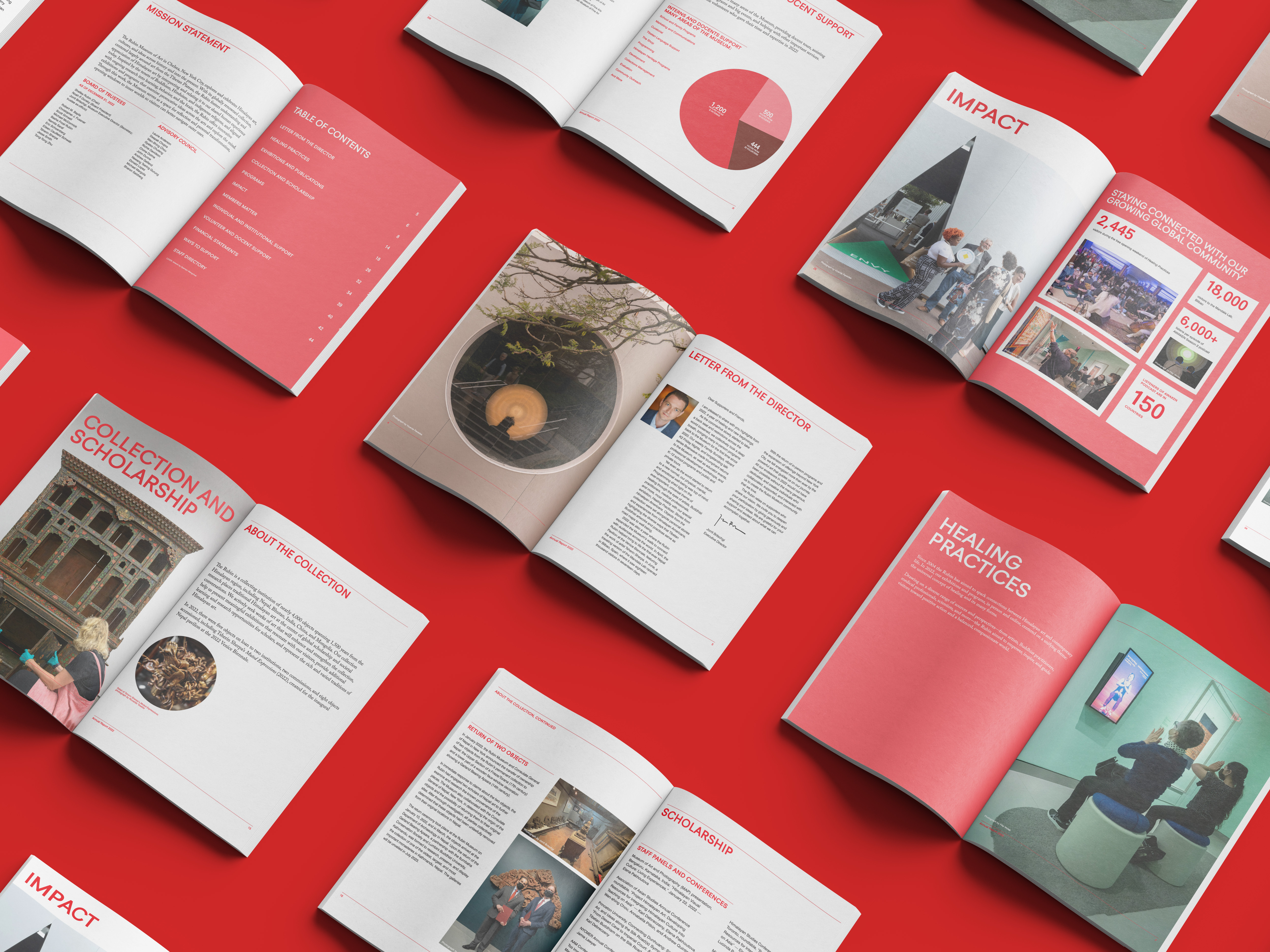 A display of open books highlighting spreads from the Annual Report, against a red background