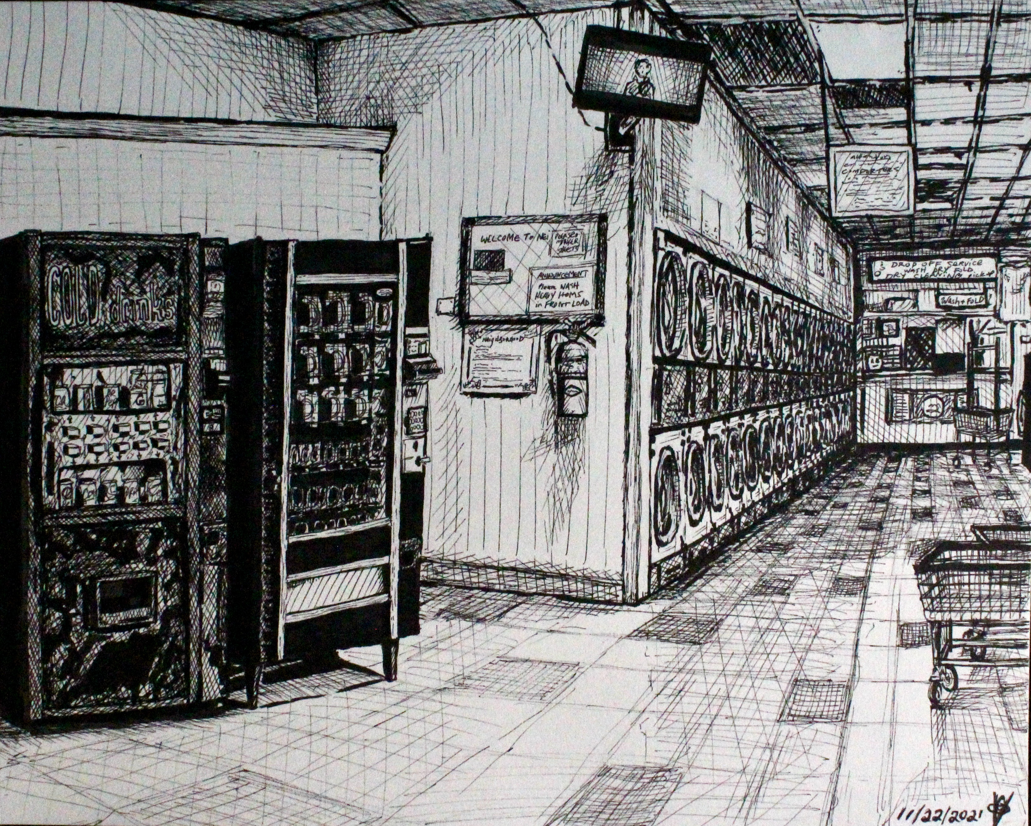 laundromat. micron pens on 8"x10" strathmore drawing paper.