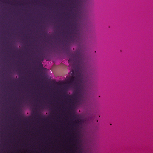 Polychromaculate #6, 2003, aluminum with gunshot, 42x42 in