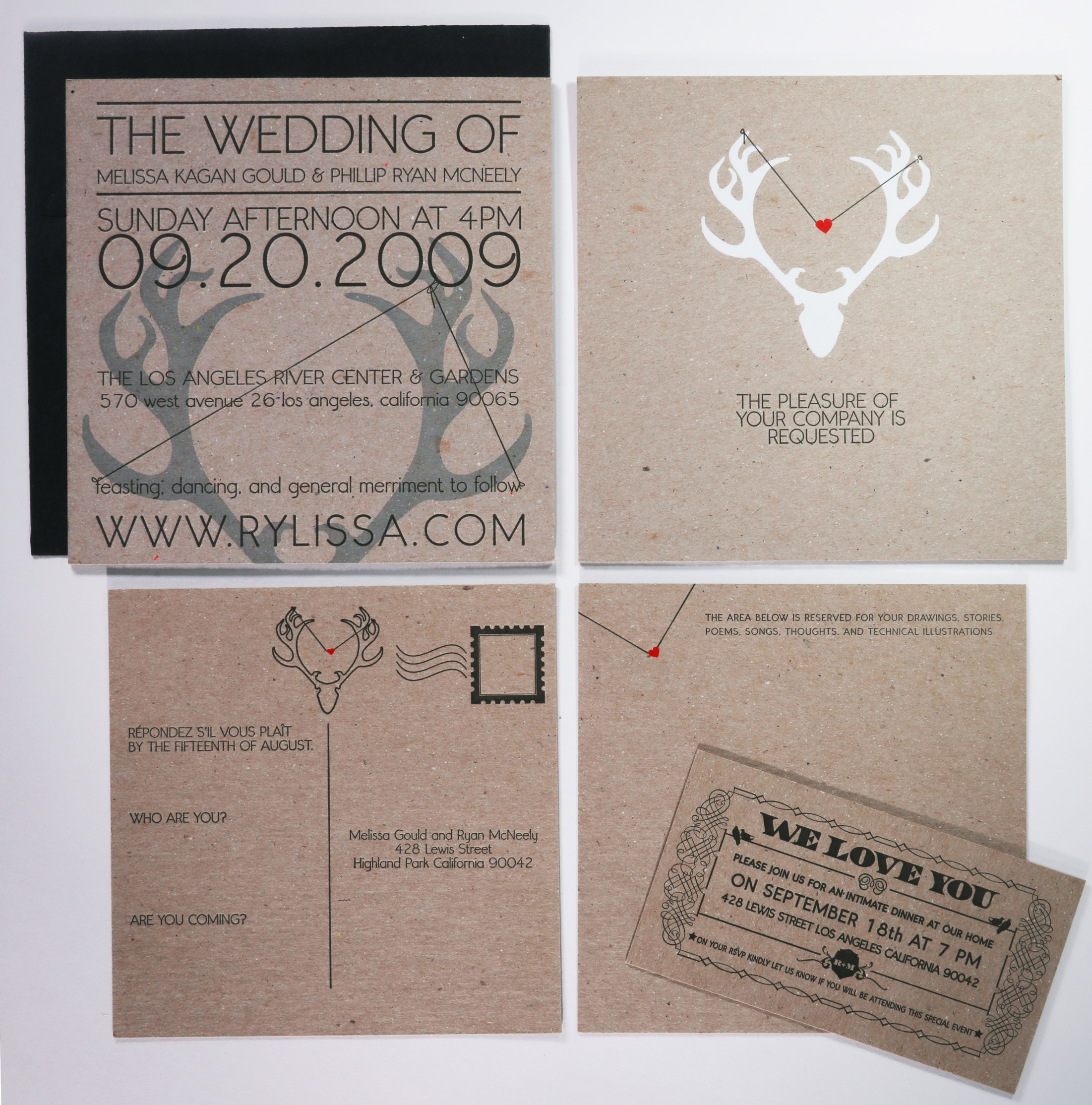 Melissa & Ryan wedding invitation.Letterpress in black, gray inks and white and red foil on chipboard.