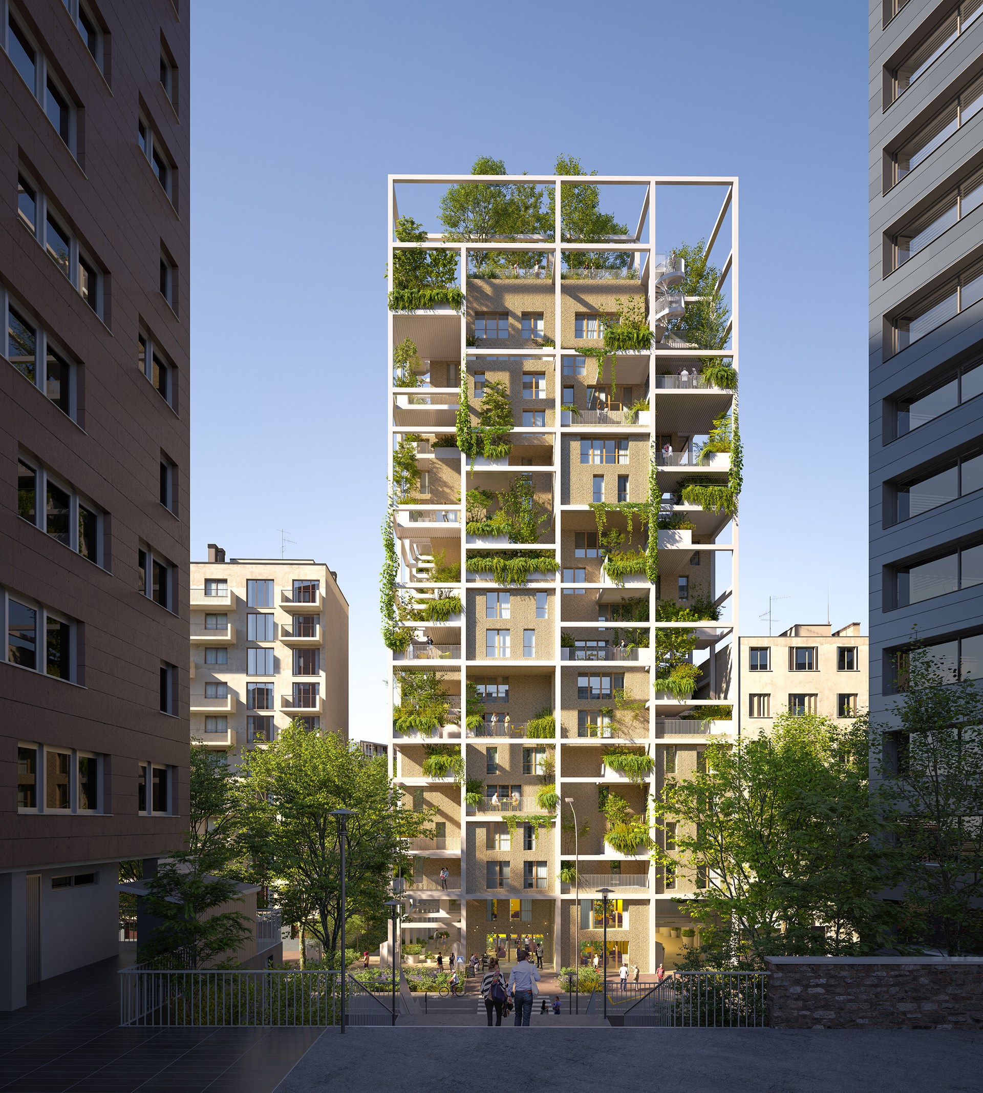 Philippe-Sarfati-architecture-work-mvrdv-issy-la-serre-france-les-moulineaux-elevation-render-full-facade-frontal-view-grid-white-steel-wood-green-trees-tower-housing