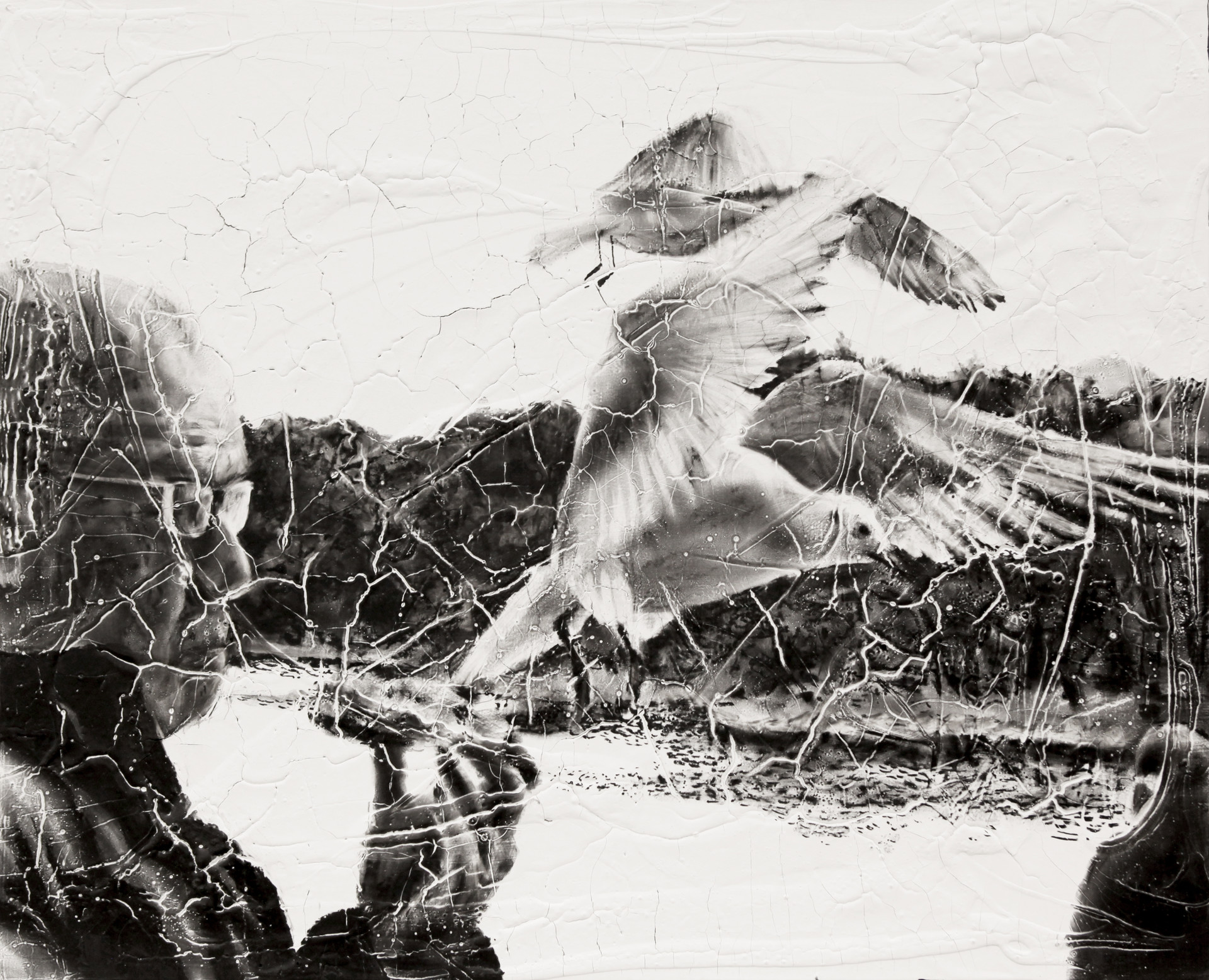 Old man eating bread in Fukuoka, 2018, charcoal industrial paint on abandoned canvas, 53*65.2(cm)