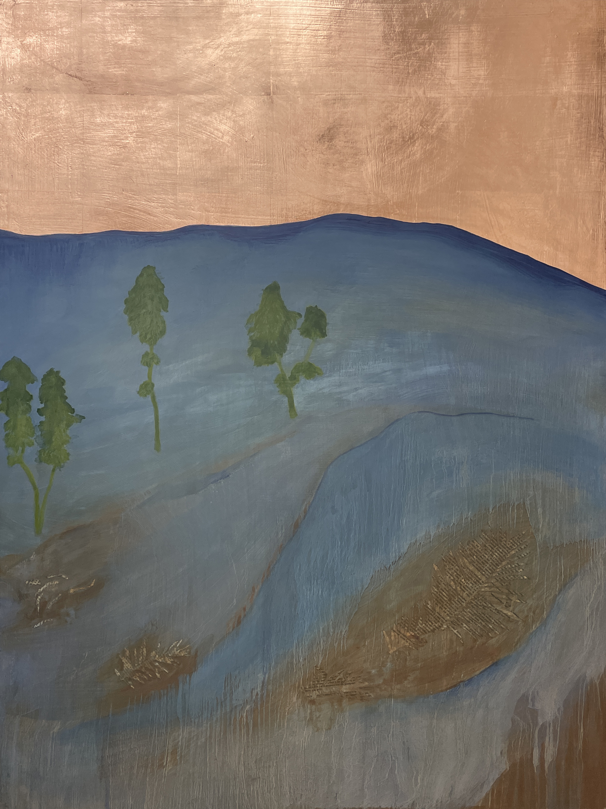Living Fossils, 2022, 91.5x121.5cm, oil, collage and copper leaf on gesso panel