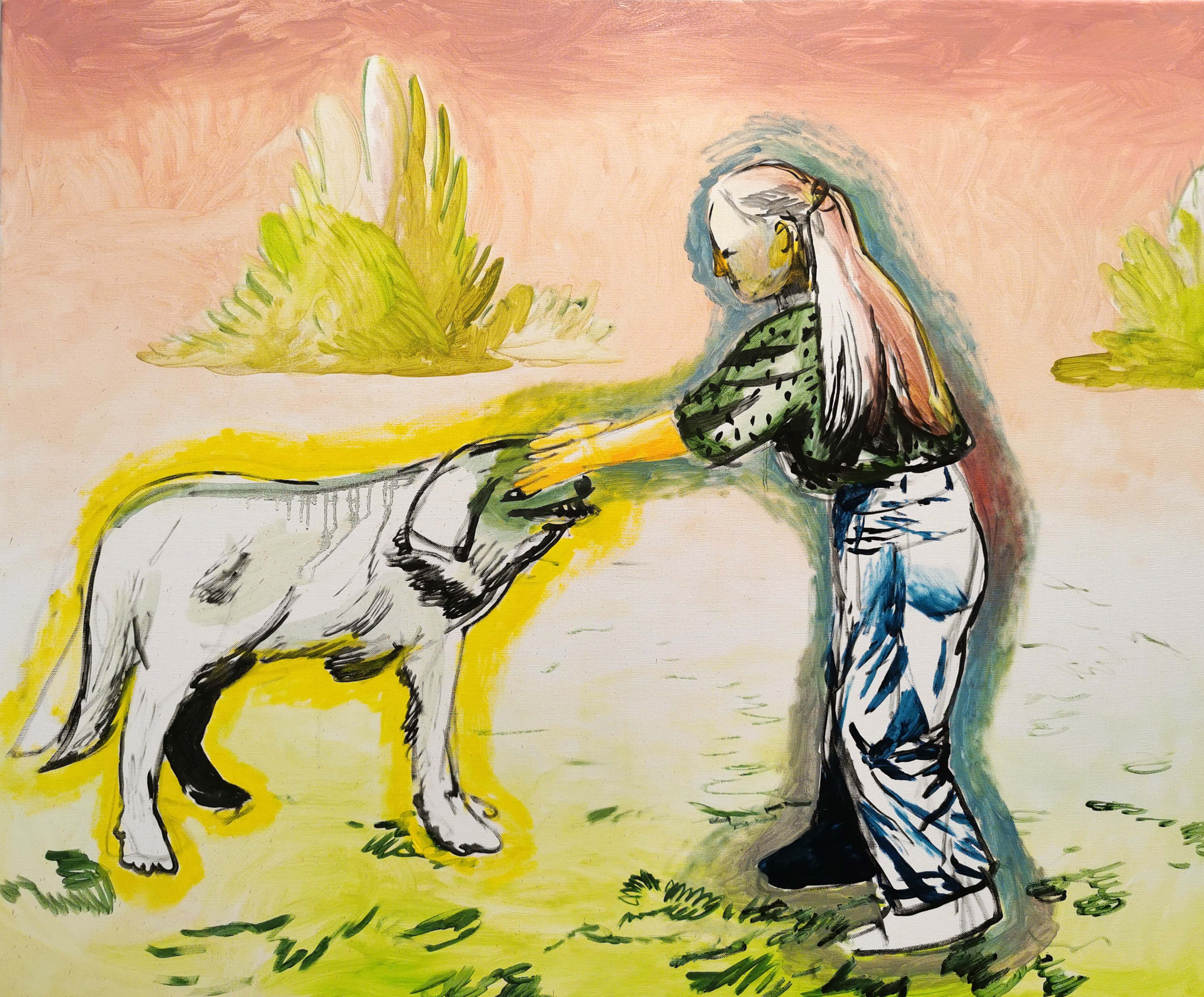 Girl with a dog, acrylic and oil on canvas, 100/120 cm