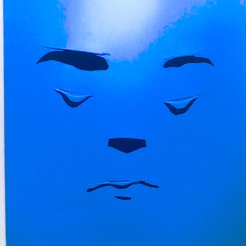 A shadow sculpture of a man's face, looking somber.
