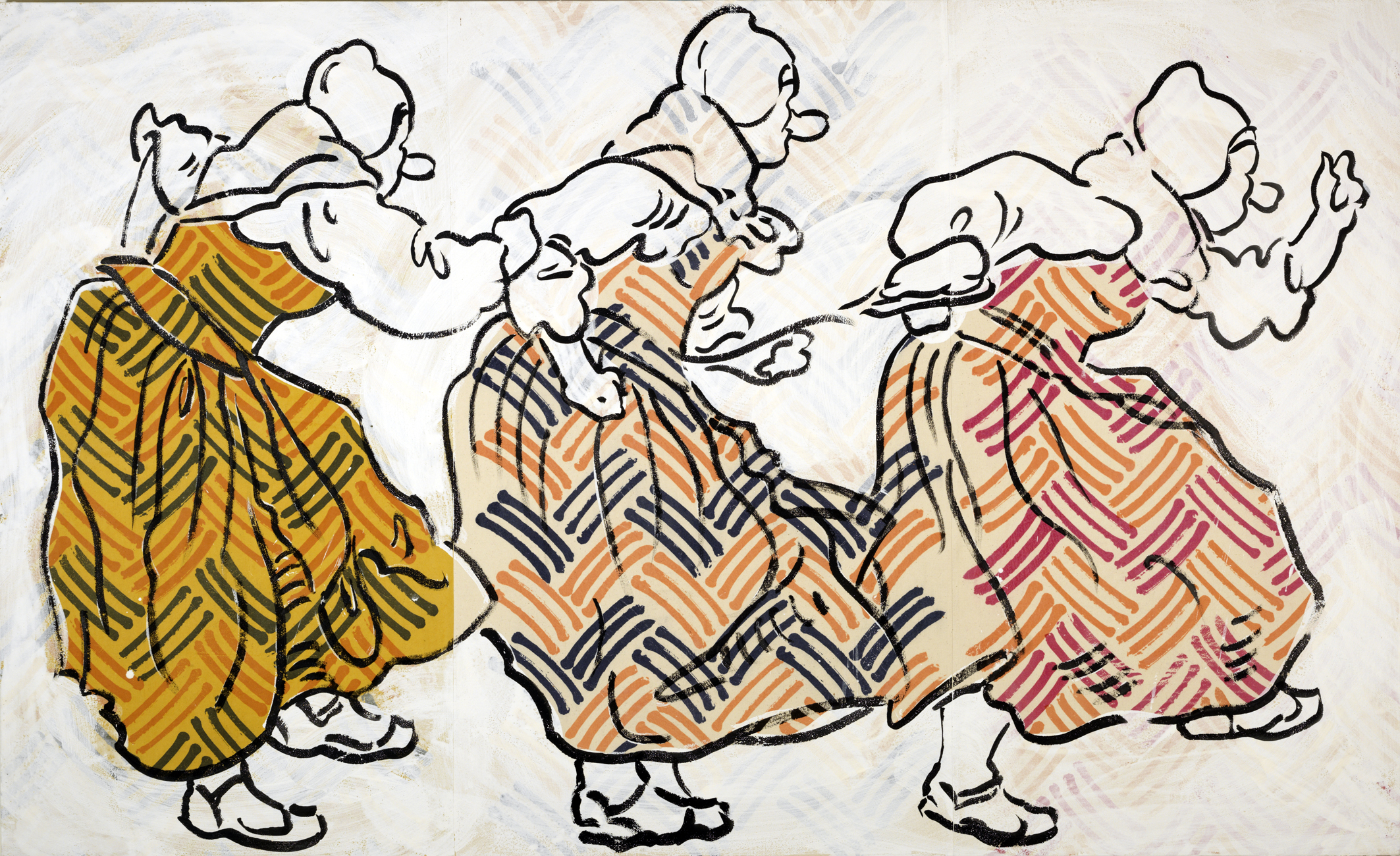Dancing Left to Right, 2017, Ink and gesso, on calico mordant-printed and dyed with dyer's broom, madder, cochineal, and logwood, on board, 110 x 180cm