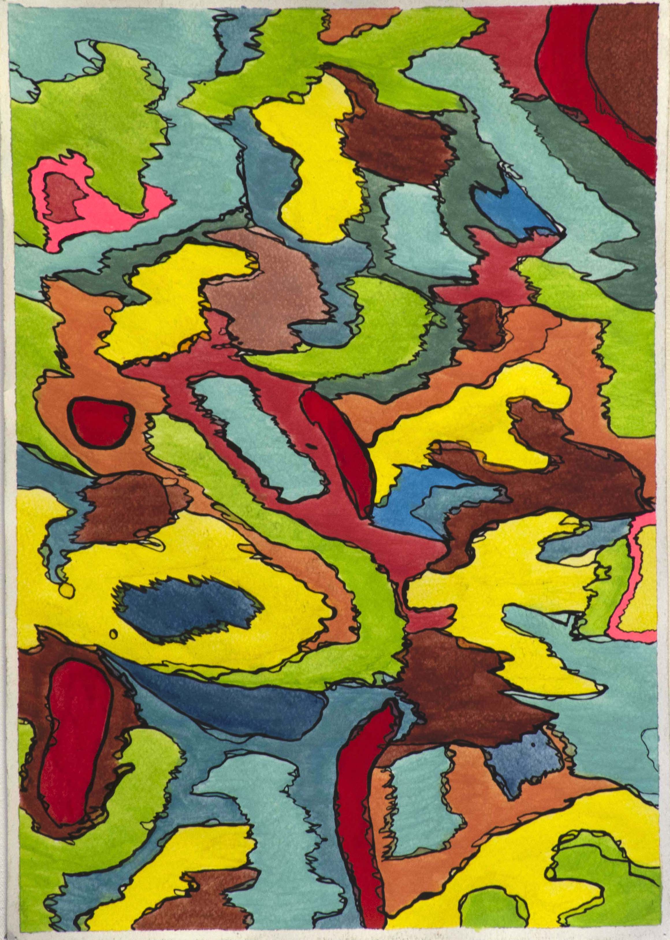 Khotso Motsoeneng, "Frustrations in Beautiful Colours", 2021, watercolour, gouache and ink on paper, 42 x 29,7 cm