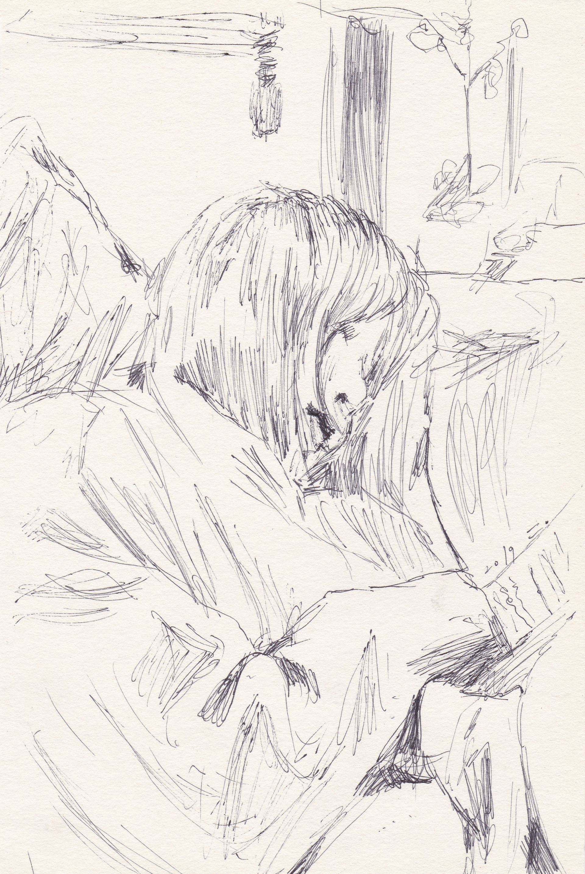 카페에서 잠이 든 여인 2, 2019, pen on paper, 20*13(cm)