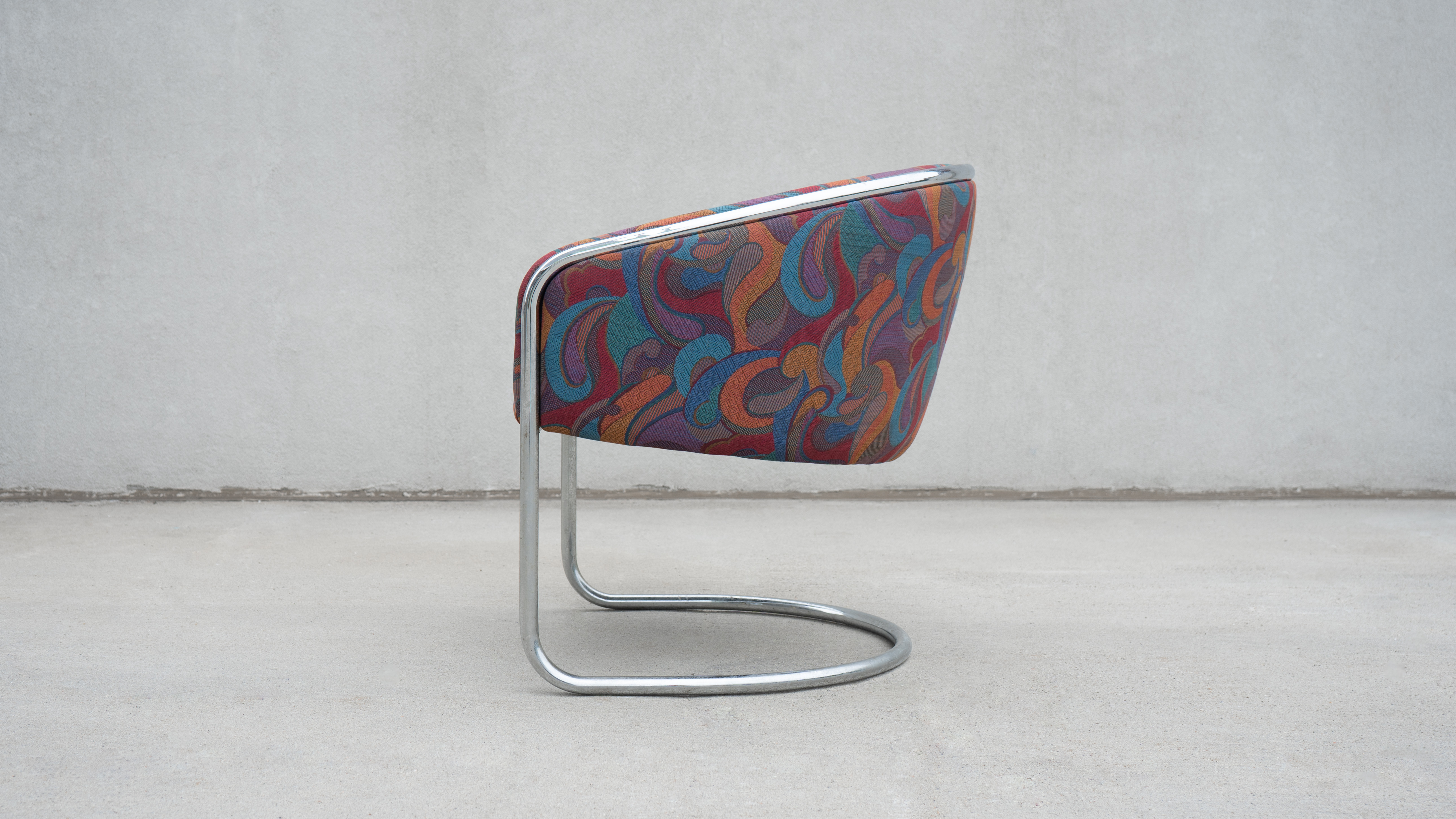 SWEETERFAT THONET CLUB TUB CHROME AND PAISLEY LOUNGE CHAIR, CANTILEVER LOUNGE CHAIR BY JOAN BURGASSER FOR THONET