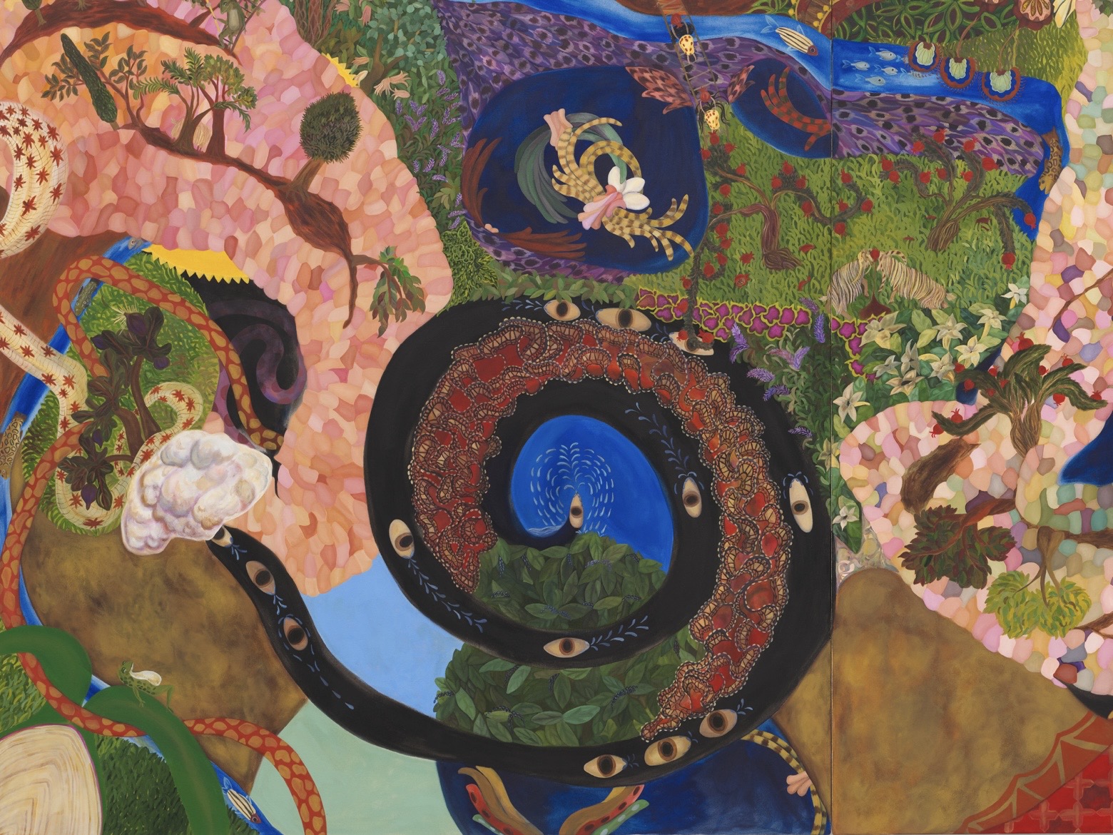 Detail of Facts and hearsay &mdash; an encyclopaedia of various natural and less natural phenomena, acrylic on canvas, 196 x 508 cm, 2024, image courtesy of White Cube, photography by Theo Christelis