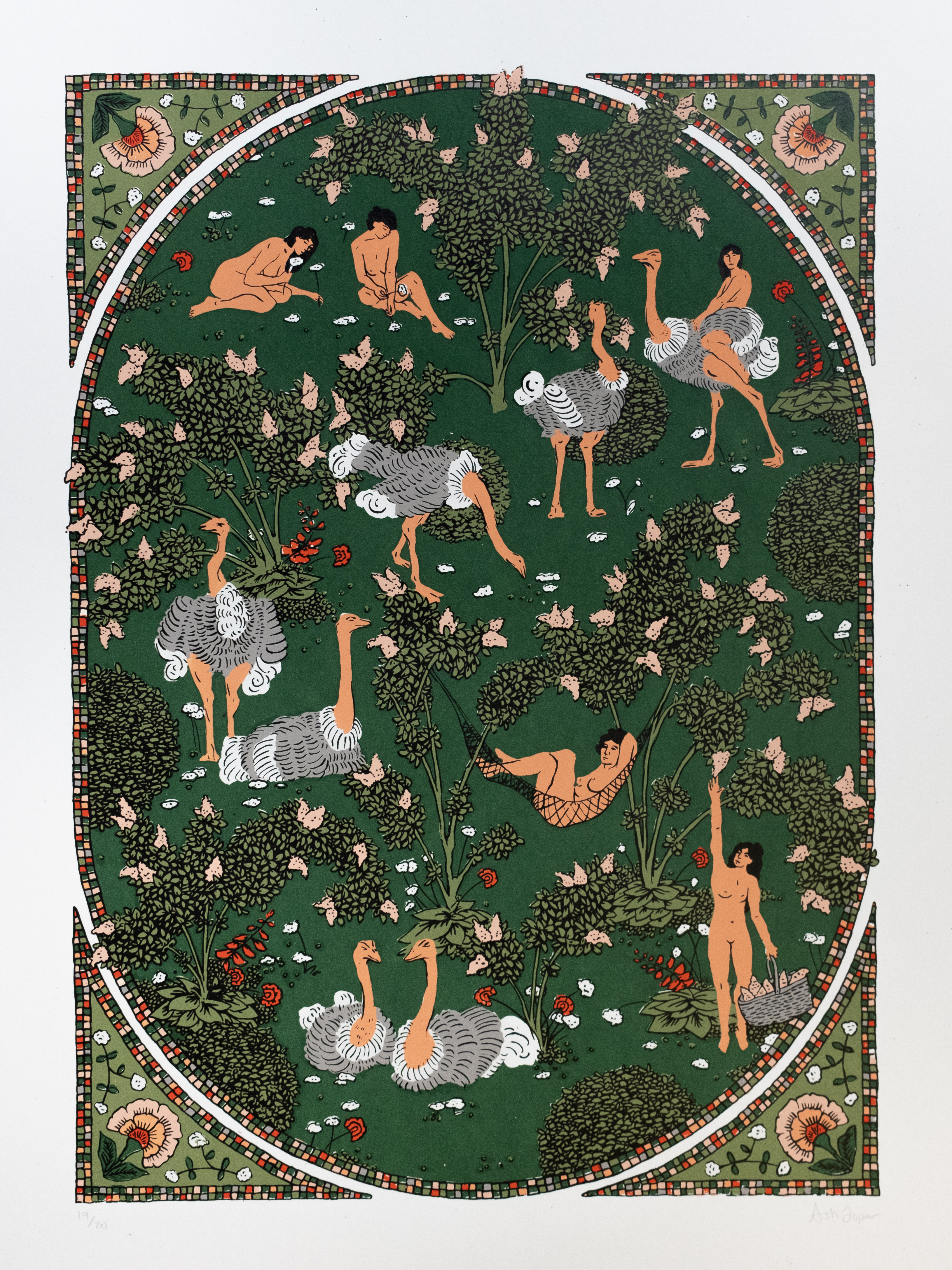 Women, ostriches, and lilacs, 2021, Silkscreen, 1/20, 18x24in.