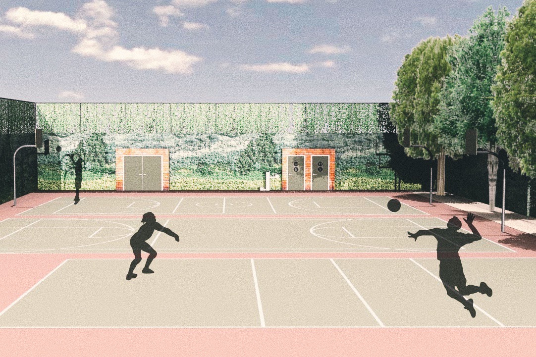 A mock-up of a green wall along the border of Reggie Wong Park. Plants embedded in the wall would help decrease UFP exposure by both actively and passively filtering the air, and would improve the aesthetics of the park. A green wall might include usability enhancing-features such as enclosed storage for sports equipment, replacing the current locker bins, and public resources such as water fountains and restrooms. 