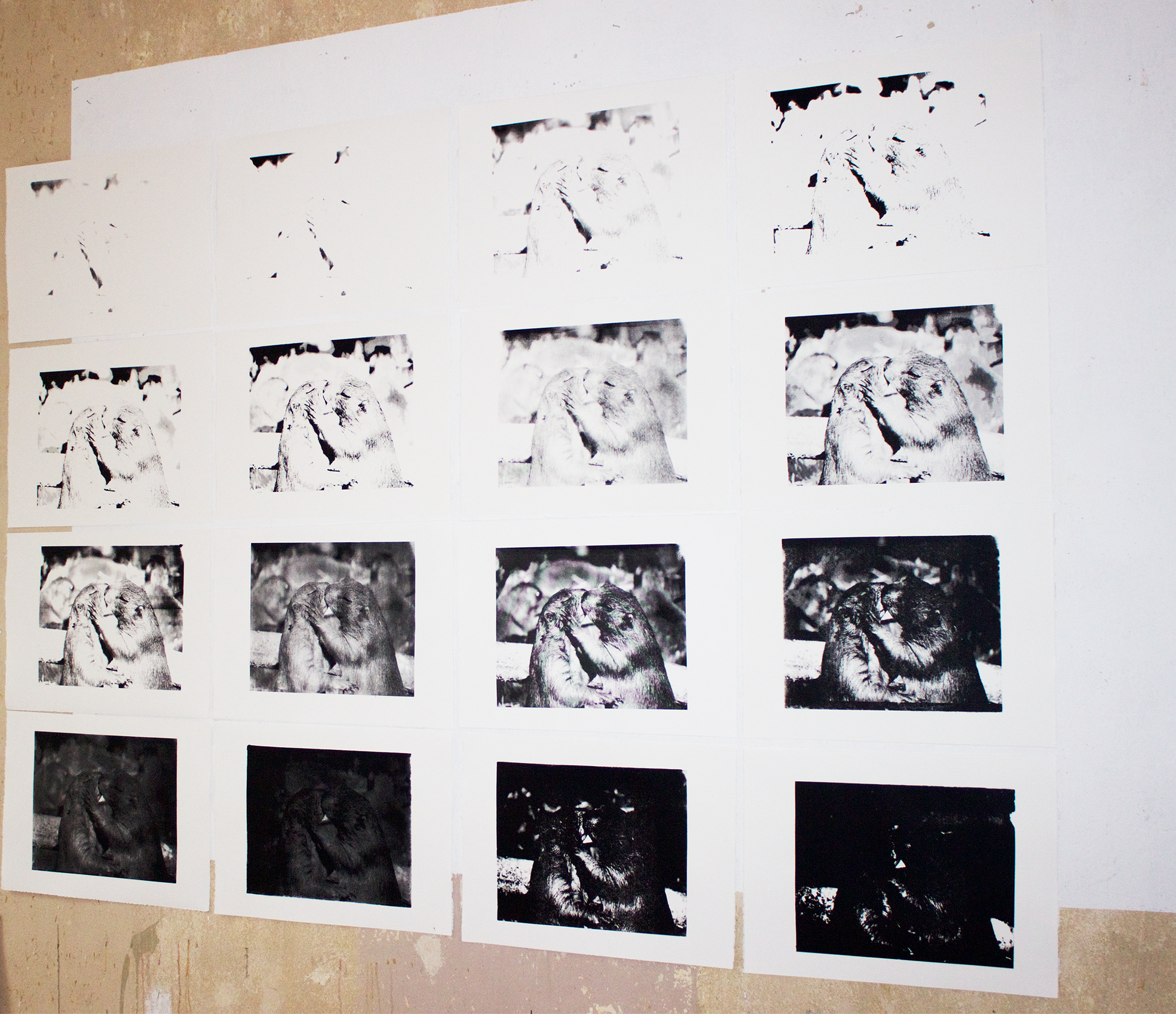 fading in and out of love (b&w),acrylic on cotton paper,Silkscreen Prints x 16, 233 x 158 cm, 2019/2020