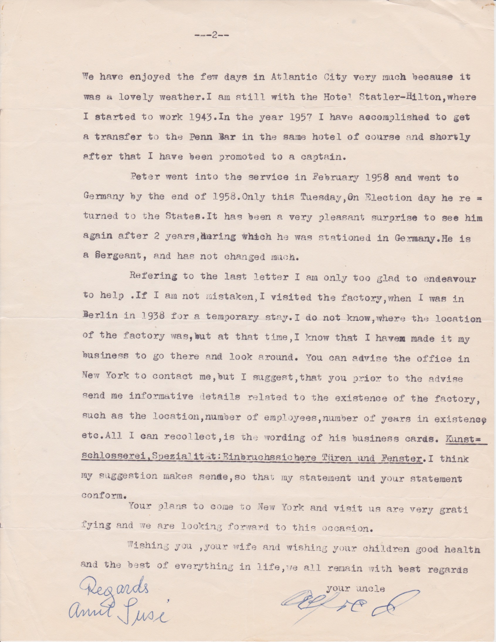 Letter to Bert from Uncle Alfred and Aunt Susie in NYC, 1960 (2/2).