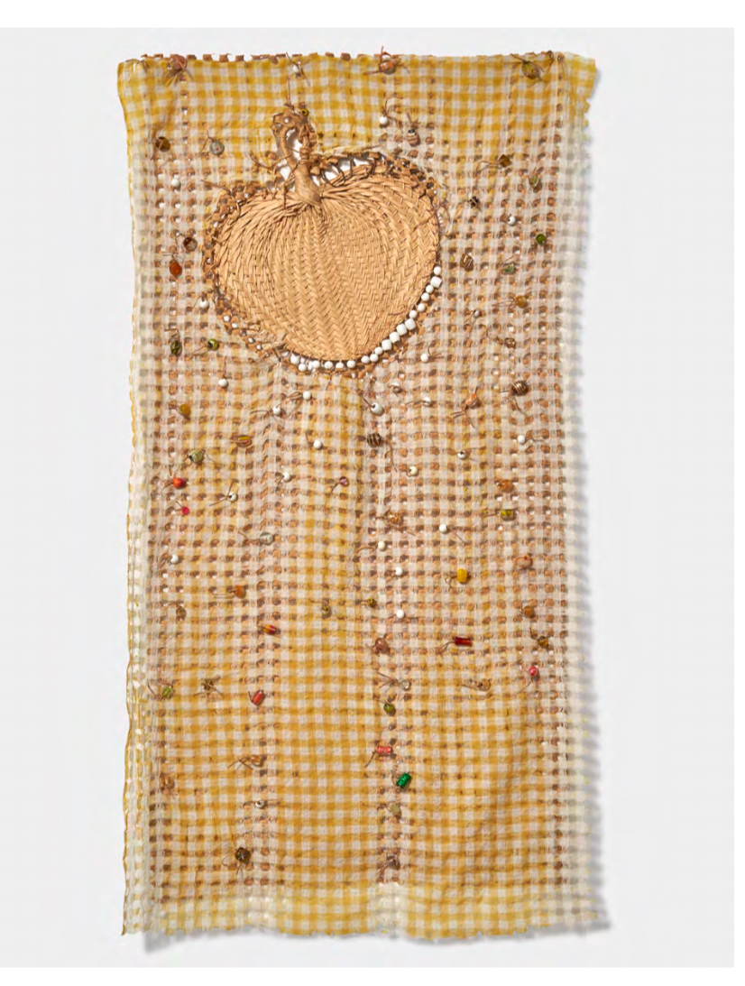 Sophie Stone Beaded Curtain with Paper Heart, 2023. Fabric, rope, wood, and ink on cardboard, 60 × 26 inches.  	