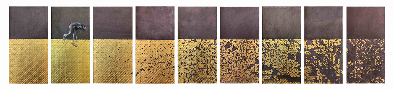 Gopa Trivedi Untitled, 2022 Feuille d'Or et Graphite sur Papier Wasli 30 x 135 cm