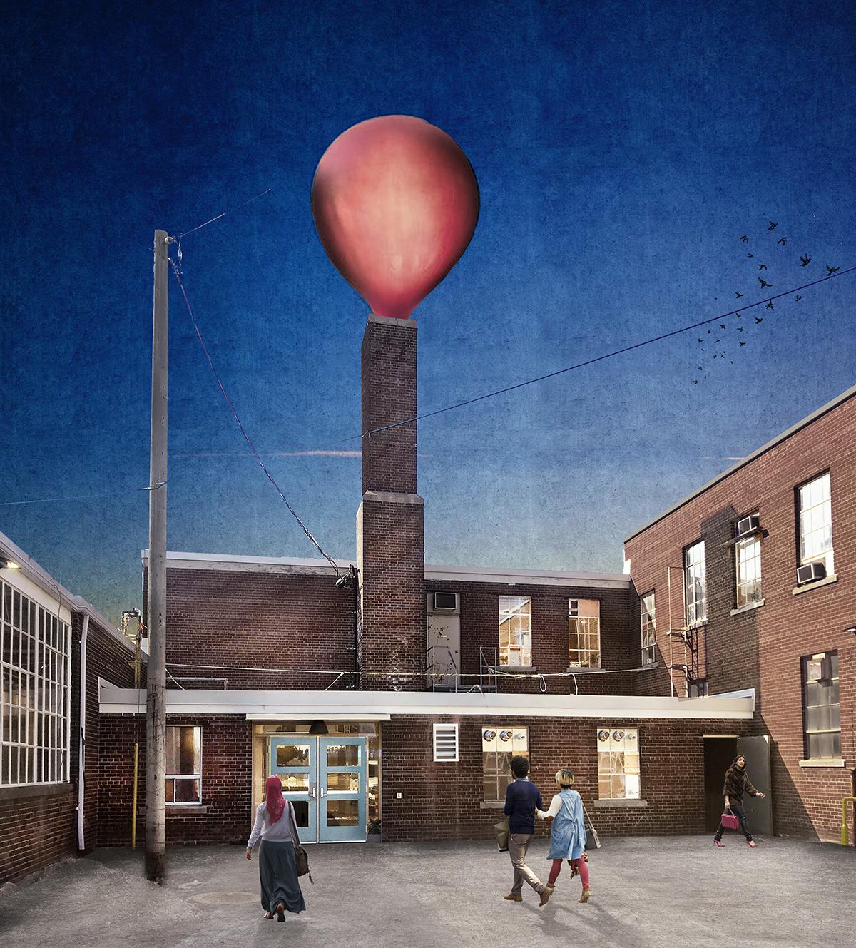 3D drawing of bubblelung installed on the chimney of the Small Arms Inspection Building