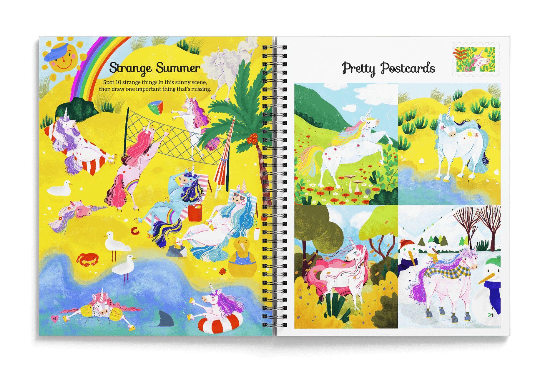 Unicorns relaxing at the beach, playing volleyball, swimming and playing in the sand