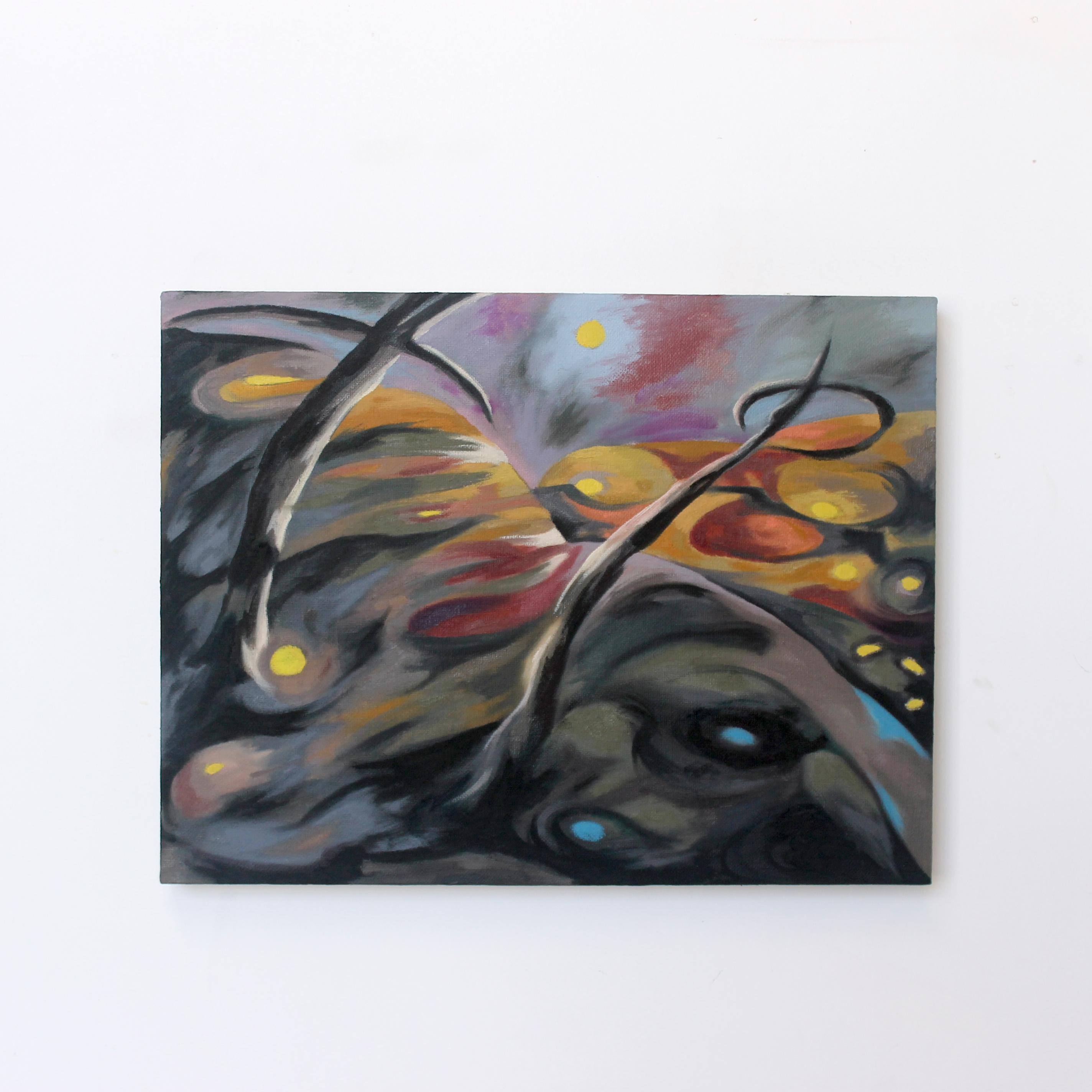 Two Trees Mourn The Dead, 2025, Oil on linen, 13 x 17 inches