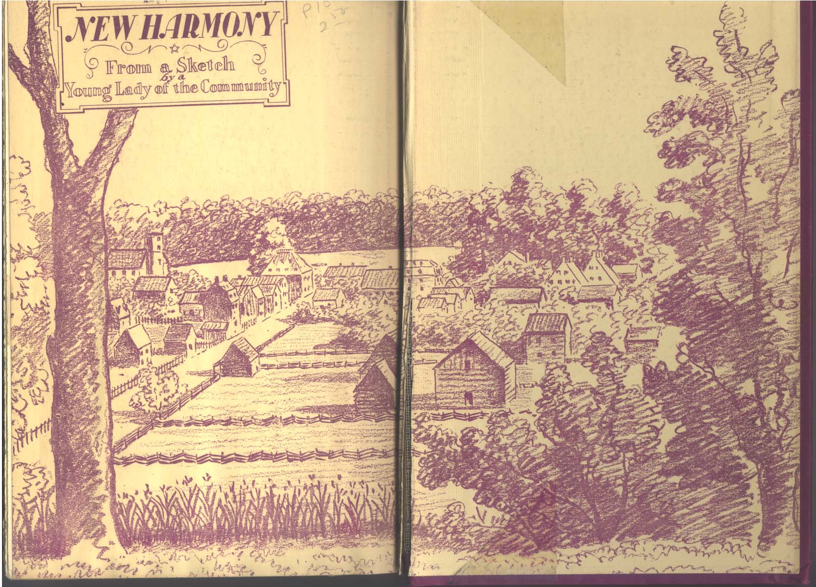 1820s Sketches of New Harmony. Drawing: Attributed to Martha Chase. Indiana Public Media