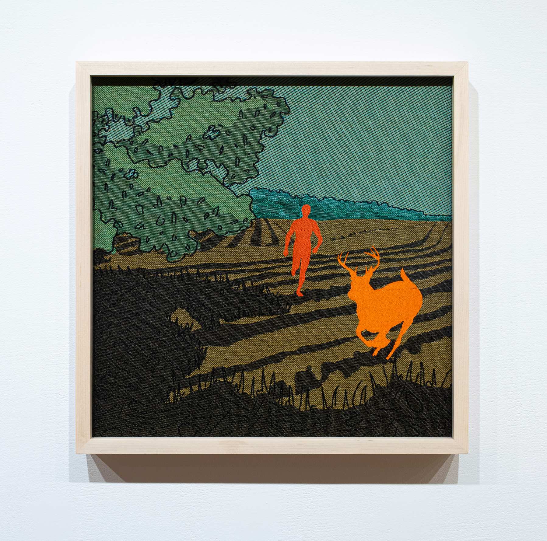 Meeting Site: Field, 2023, 20" x 20", Jacquard woven cotton and rayon with cotton embroidery