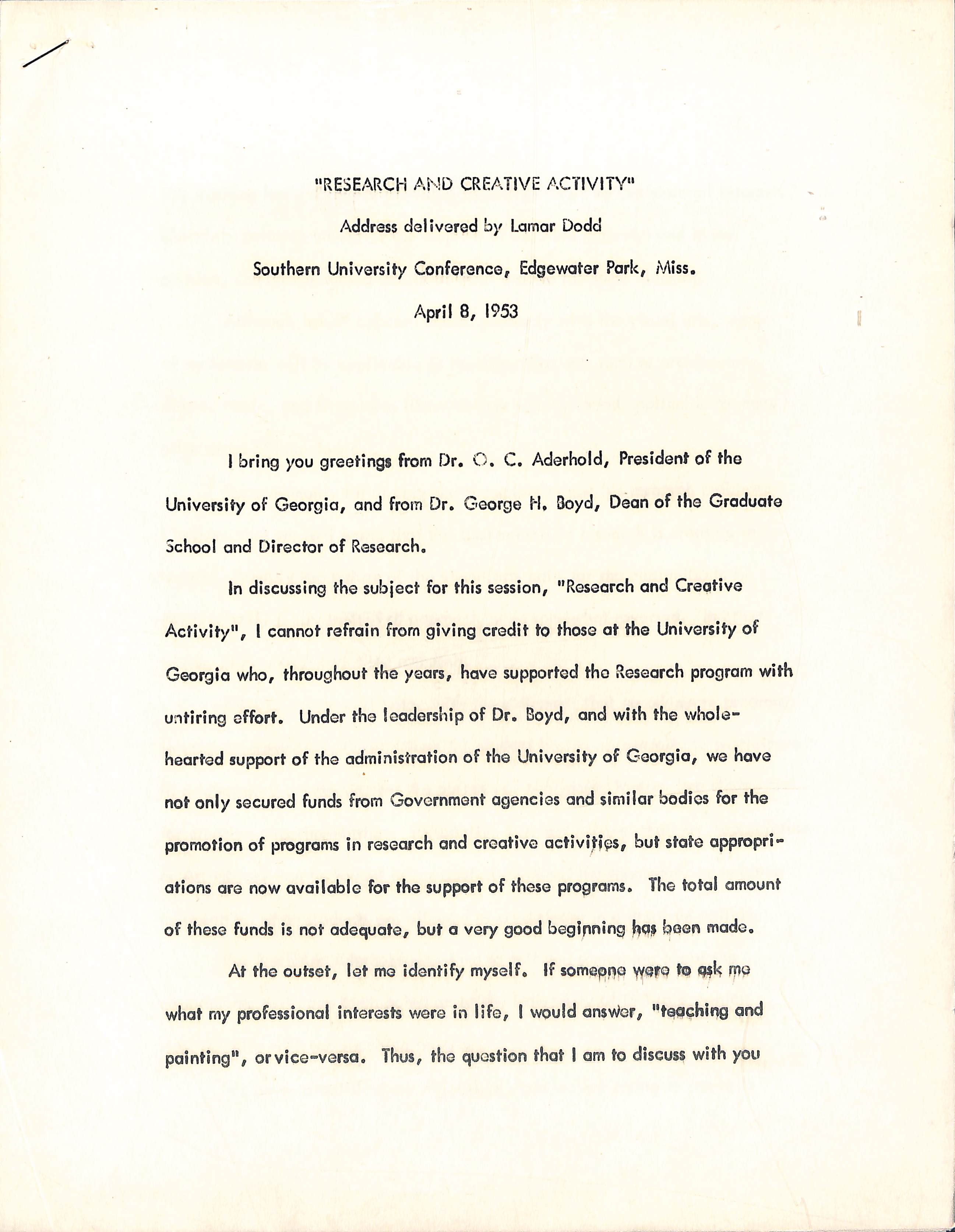 Lamar Dodd, "Research and Creative Activity", Southern University Conference, Edgewater Park, Missouri, 8 avril 1953, boîte 12 dossier 4, Archives Lamar Dodd collection, Université de Georgia