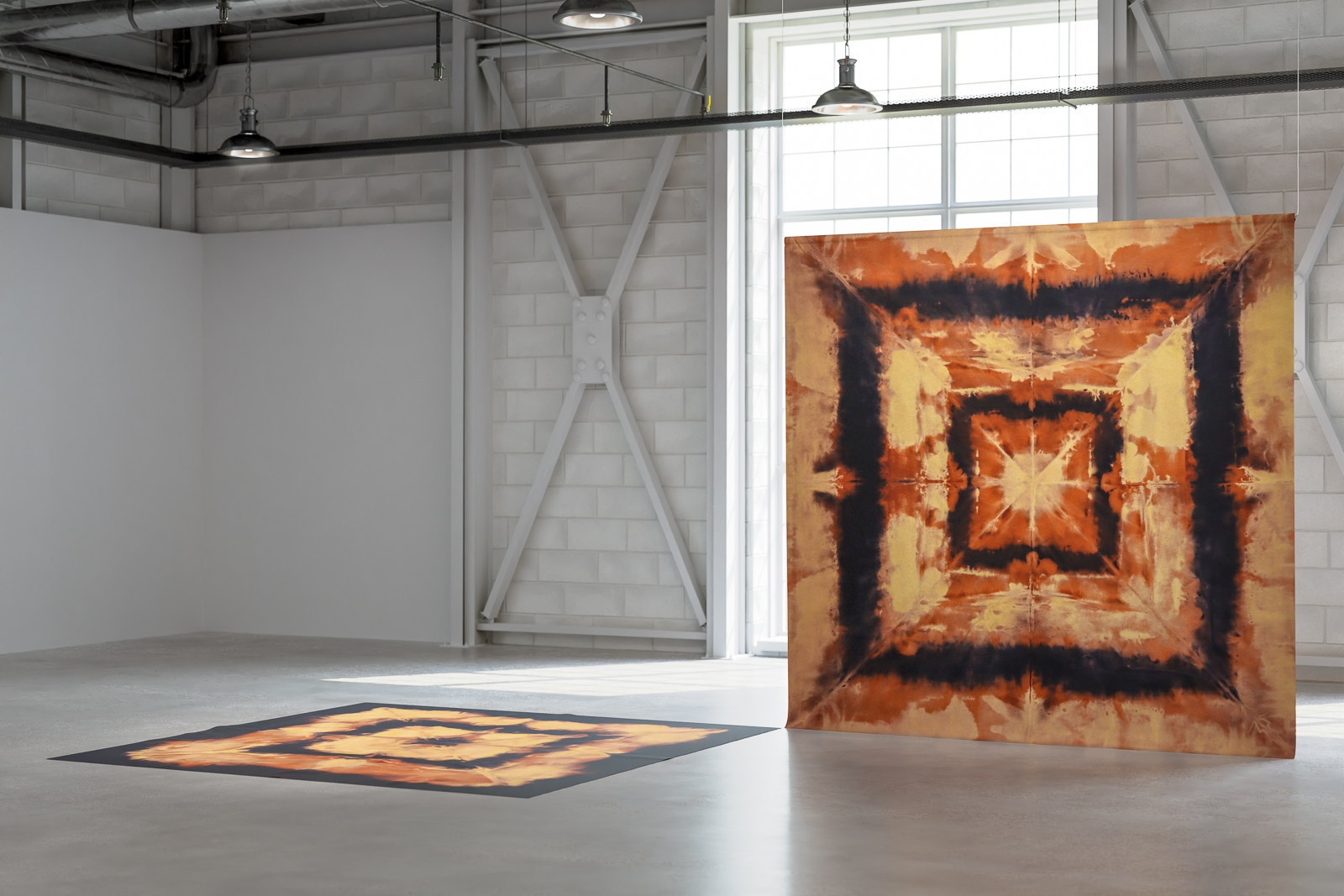 Nothing infinite but usury, nothing finite but entropy, 2020, bleach and vinegar on cotton, each 96 x 96 in. (244 x 244 cm)