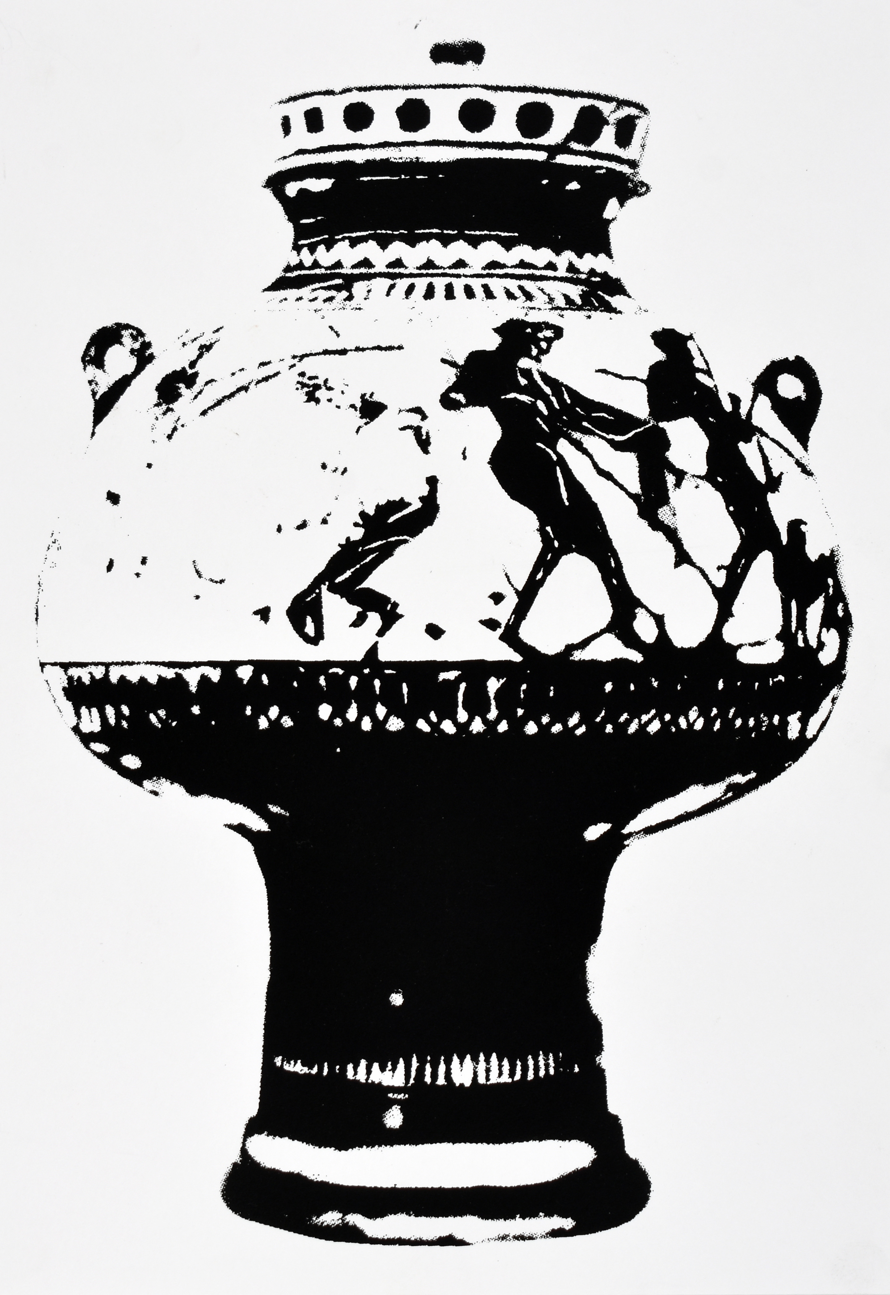 302896 (P.ND.01) Body: Komos, Men, Some With Lyres, Some With Staffs, Some With Dogs, Nonsense Inscriptions, Screenprint on paper, 12.5 x 8.5 in., 2024