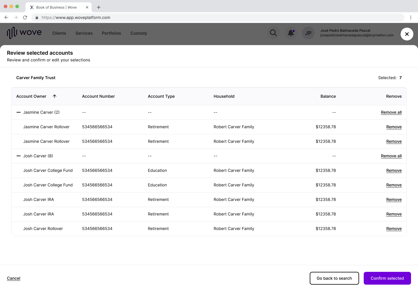 Review page of selected accounts with nested data rows to allow minimizing and focus
