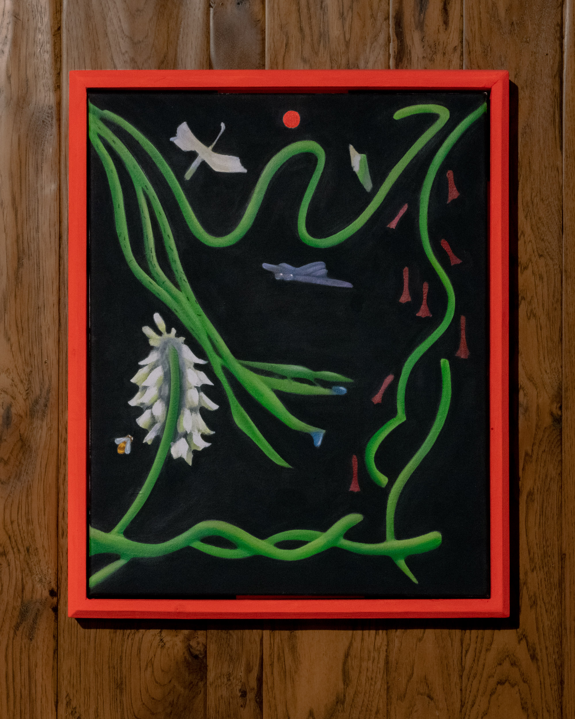 Vine Spirit (Three Hearts) (2021), Germán Enrique Caceres Cueto. Acrylic on canvas with artist frame. 18 x 22 in (45.7 x 55.9 cm). Installation view of “The Symbiotic Shore” a group exhibition curated by the Institute of Queer Ecology (2021). Photo by Lee Pivnik. Courtesy of the Institute of Queer Ecology, Bas Fisher Invitational and Bridge Initiative.