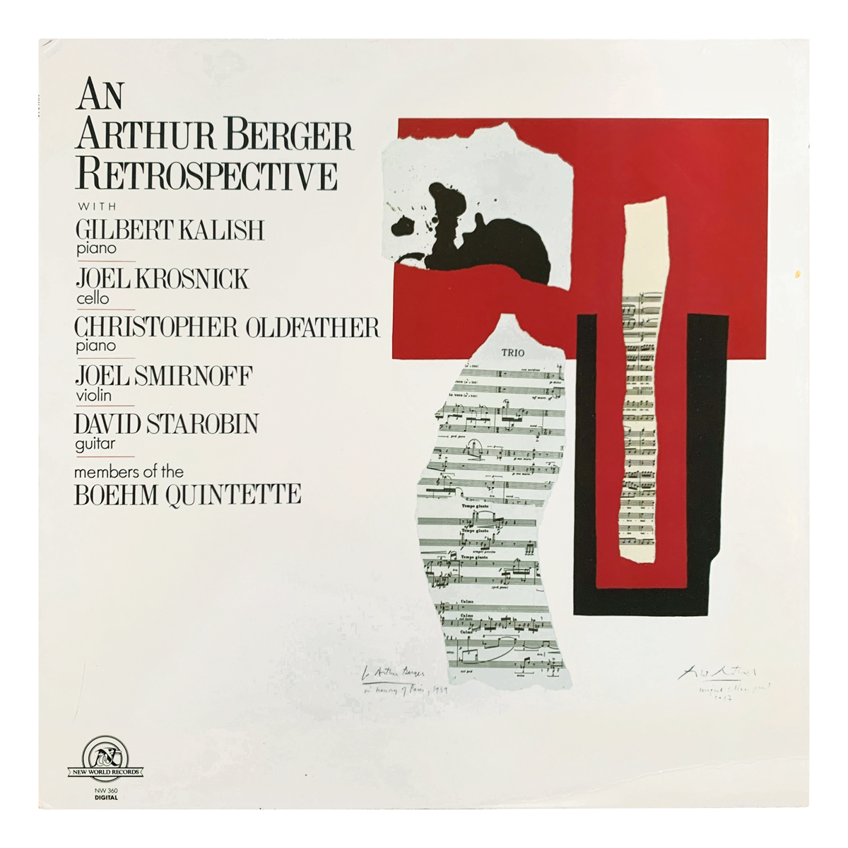 New World Records NW 360 Arthur Berger - Quartet for winds; Duo No.1 for violin and piano; Duo for cello and piano; Duo for oboe and clarinet; Trio for guitar, violin and piano The Boehm Quintette Christopher Oldfather | Joel Smirnoff | Joel Krosnick | Gilbert Kalish | Don Stewart | Phyllis Lanini | David Starobin Design: Robert Motherwell (artwork)
