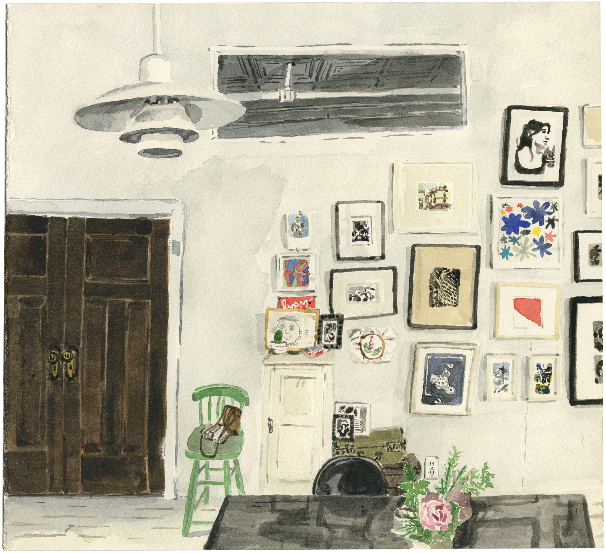 9" x 9.75" Watercolor on paper of an Interior salon wall of framed art work, by Jimmy Mezei