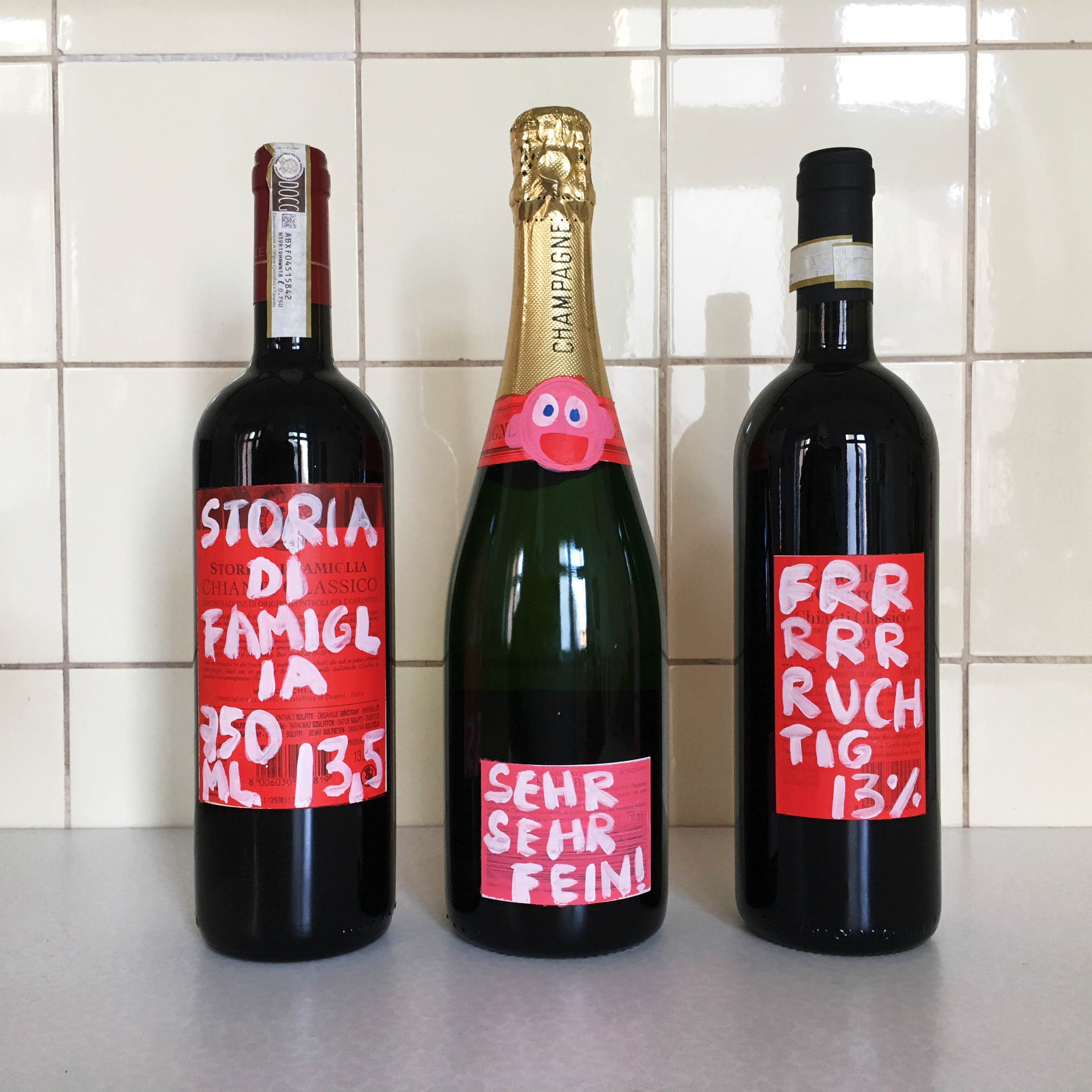 Wine Labels (2021), Spraycan and Acrylics on Wine and Champagne Bottles
