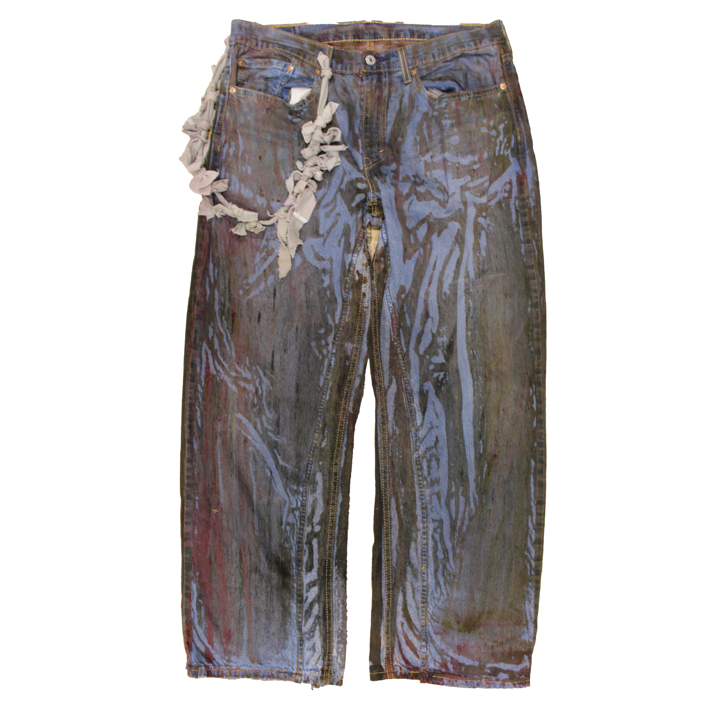 reclaimed vintage surplus denim screen printed with textile dye & various metals. tailored for straight/wide fit. fitted with custom keychain, scrap chain, and leather patches