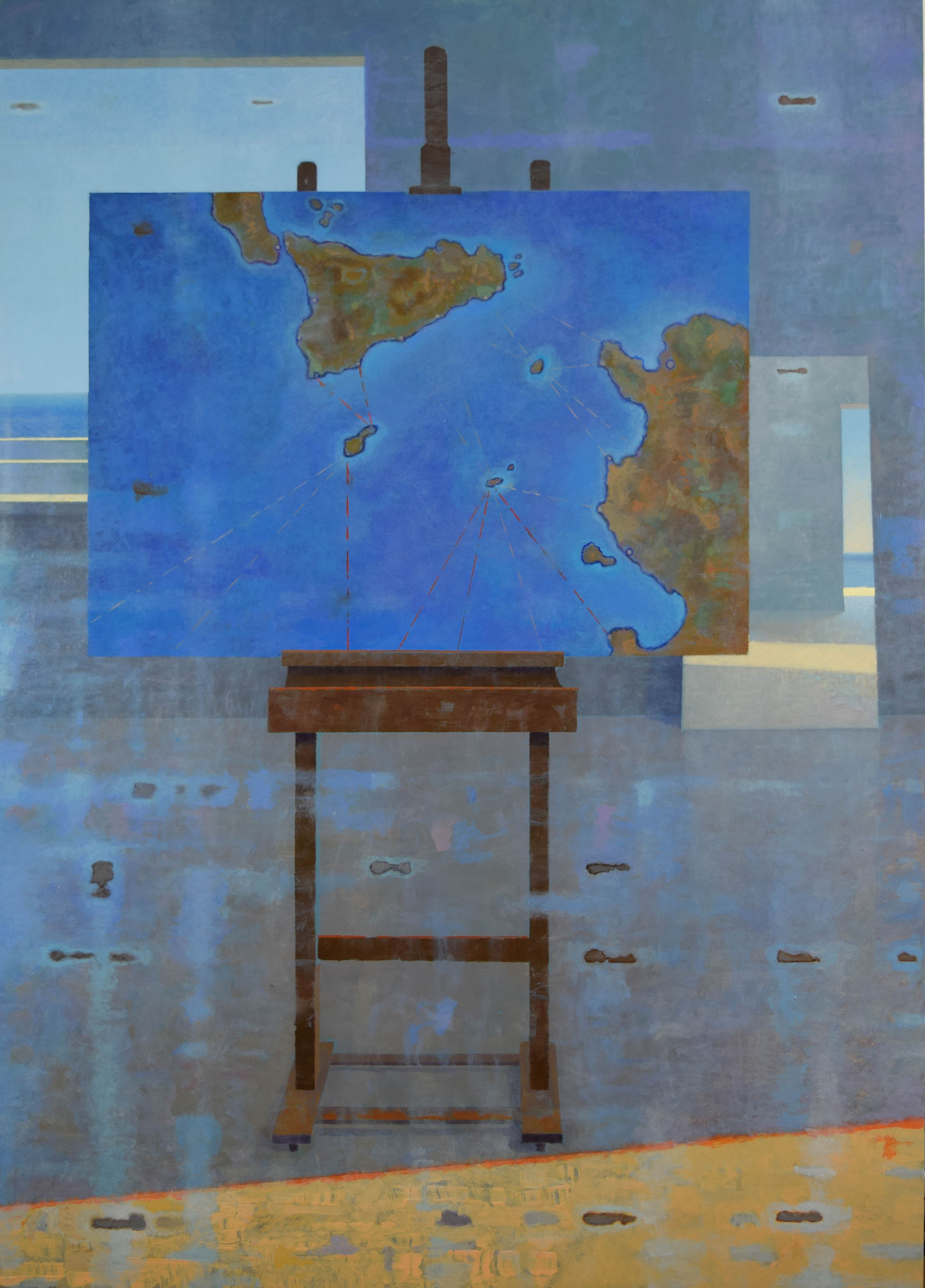 Le rotte della tragedia, 2019, olio su tavola, cm 140x100