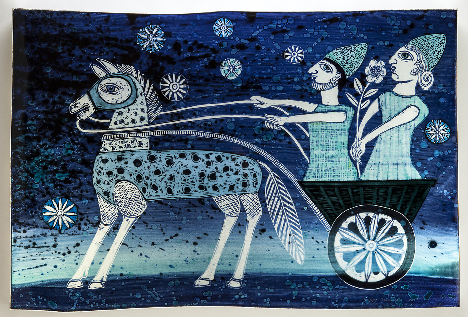 Journey, 2017, Vitreous enamel reverse painted on glass, mounted over brushed metal panel, 22.25 x 37.75 x 2.5 in.