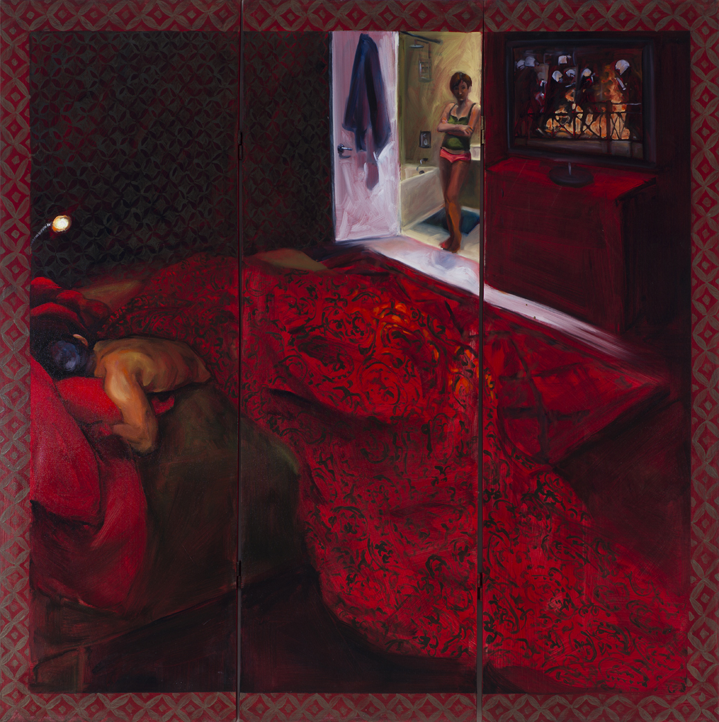 Night Riot, 36" x 48", oil on 3 paneled screen. Courtesy of the artist.