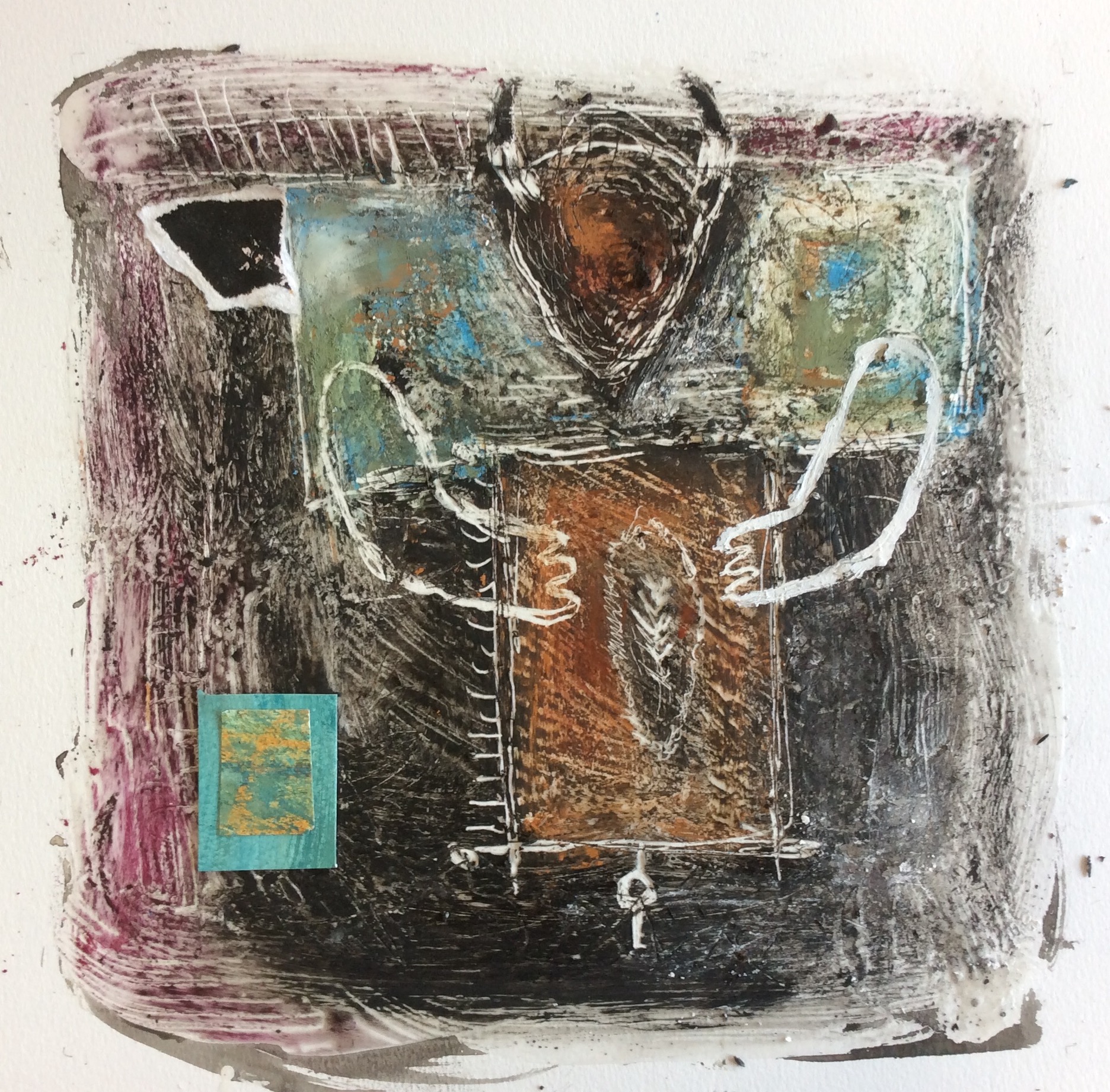 Sjamaan Werk op papier, 2018 40 x 40 cm  Gebruikte technieken: gekleurde tekeninkt, goacheverf, pastelkrijt.